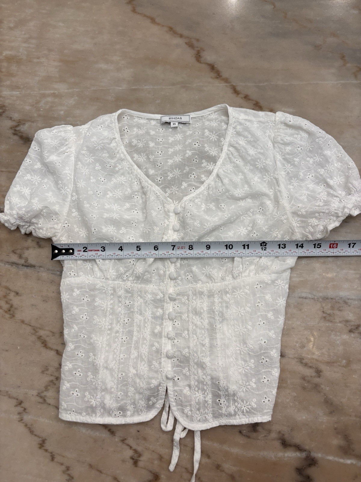 White Floral Eyelet Tie-Back Cotton Top Puff Sleeve 100% Cotton