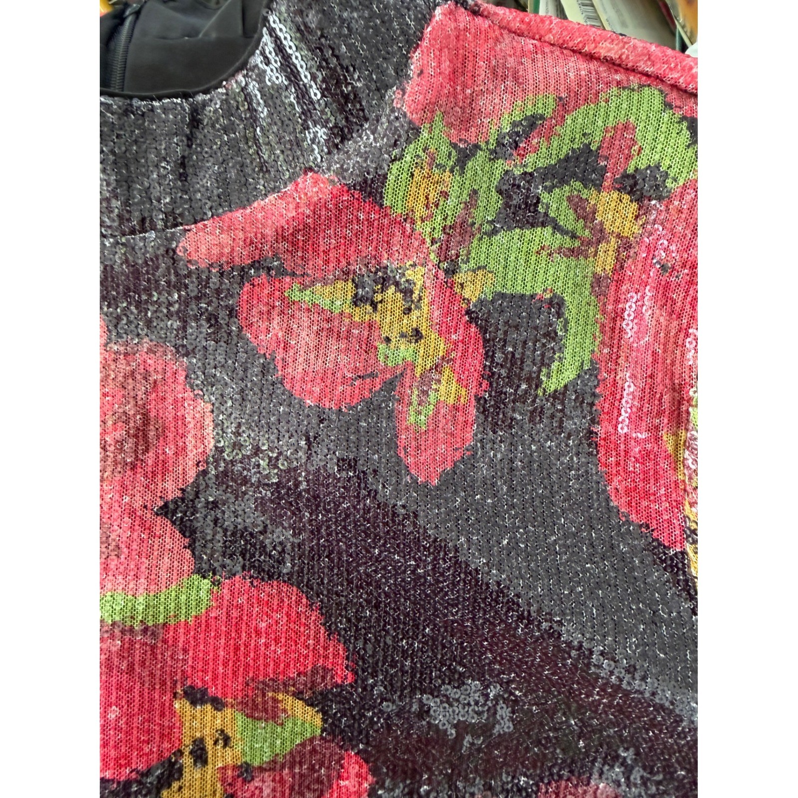 Nicole Miller Womens Floral Sequin Mock Neck Long Sleeve Top Black Red Size M