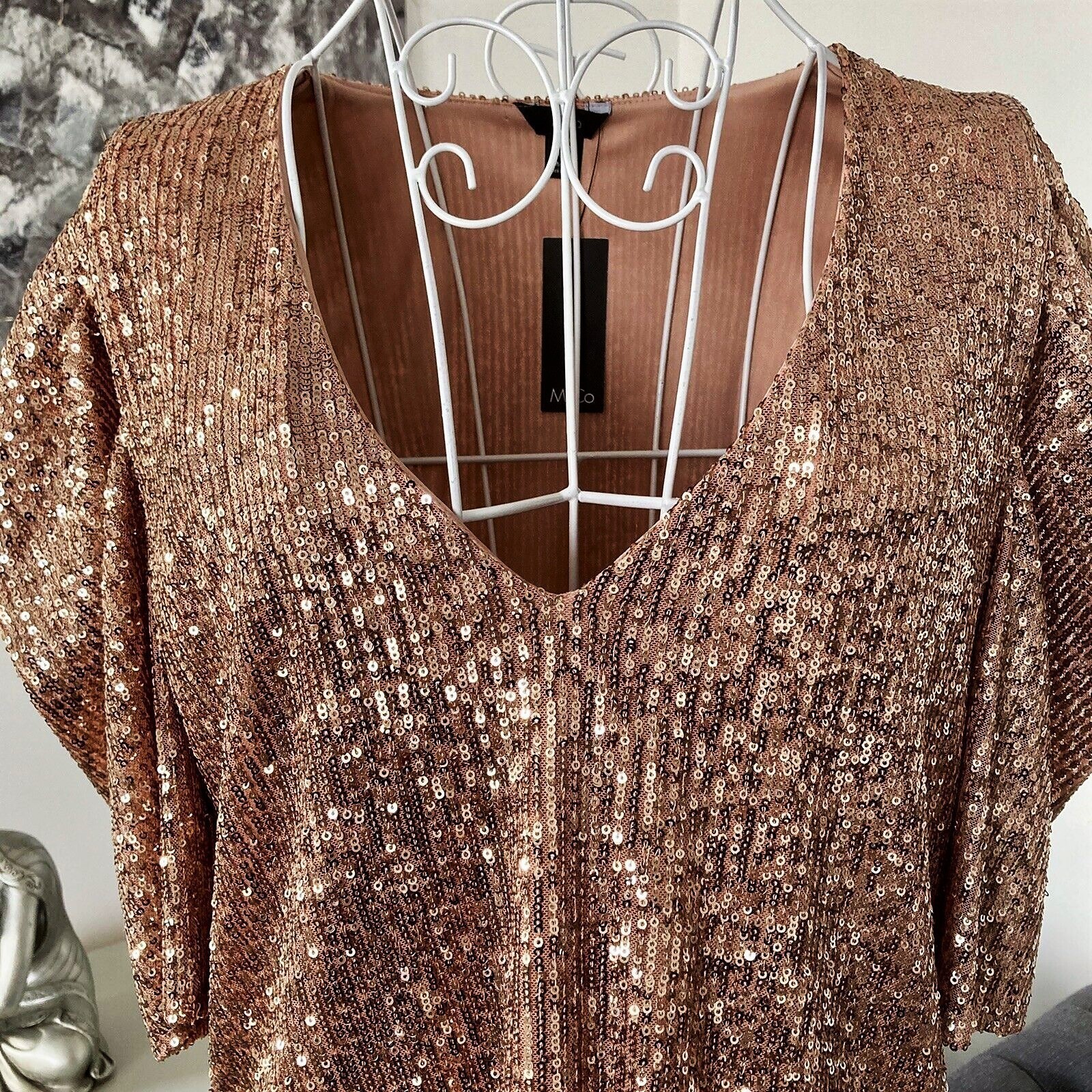 FAB ROSE GOLD SEQUIN PUFF SLEEVE EVENING PARTY OCCASION TOP SIZE UK 18 NEW