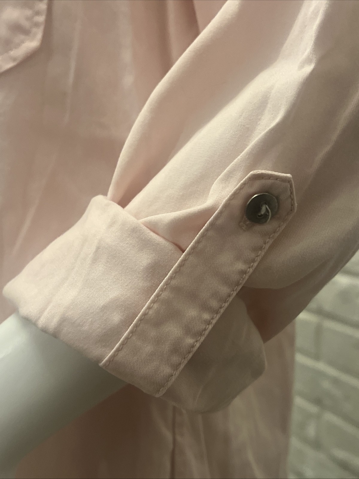 Intro ❤️ Collarless Button Front Lyocell Shirt Pale Pink Roll Tab Sleeve Size S