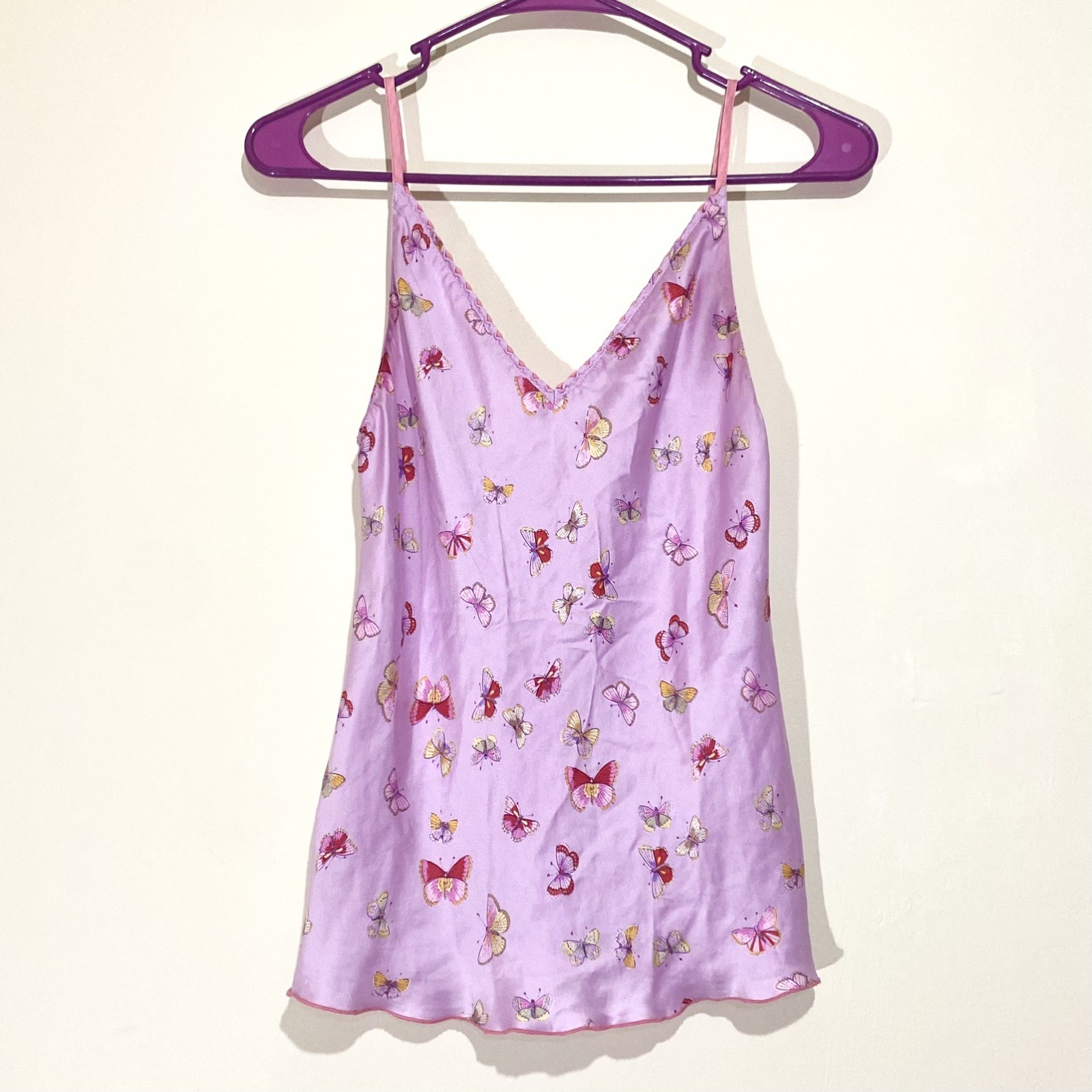 Y2K 100% Silk Pastel Pink Rainbow Butterfly Tank Top Low Cut Back Whimsy Fairy