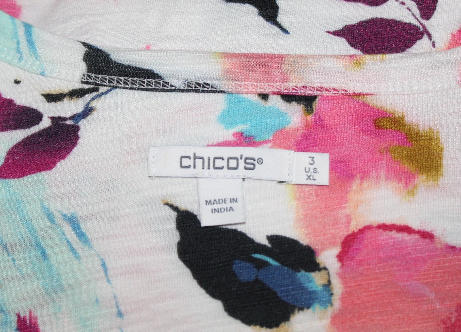 Chico’s Sz 3 XL Watercolor Floral Pink Blue V-Neck Cotton Blouse Shirt Top Funky