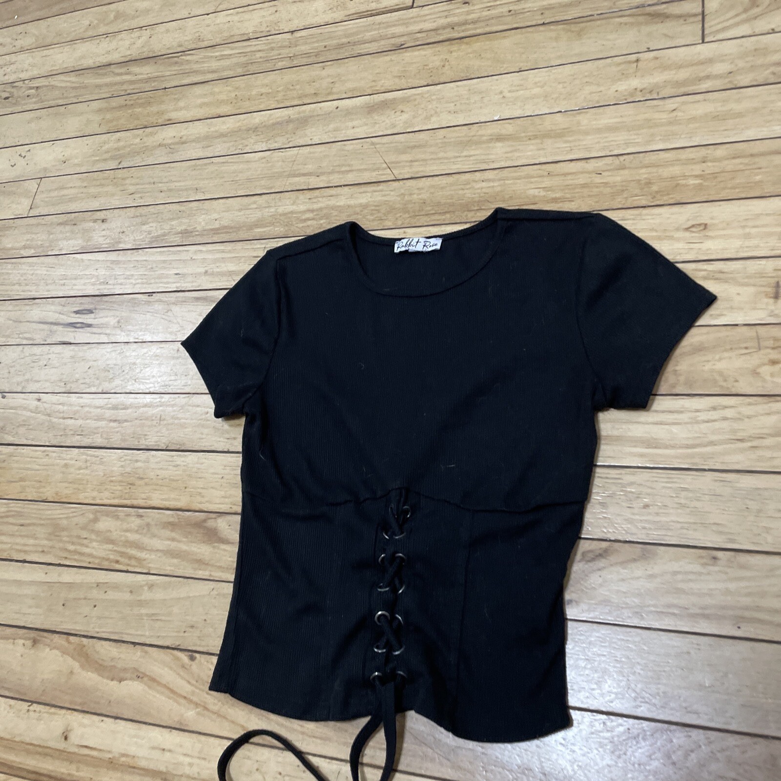 Rabbit Rose T-Shirt Tee Womens XS Crop Top Black Corseted Goth Witchy Ribbed XS
