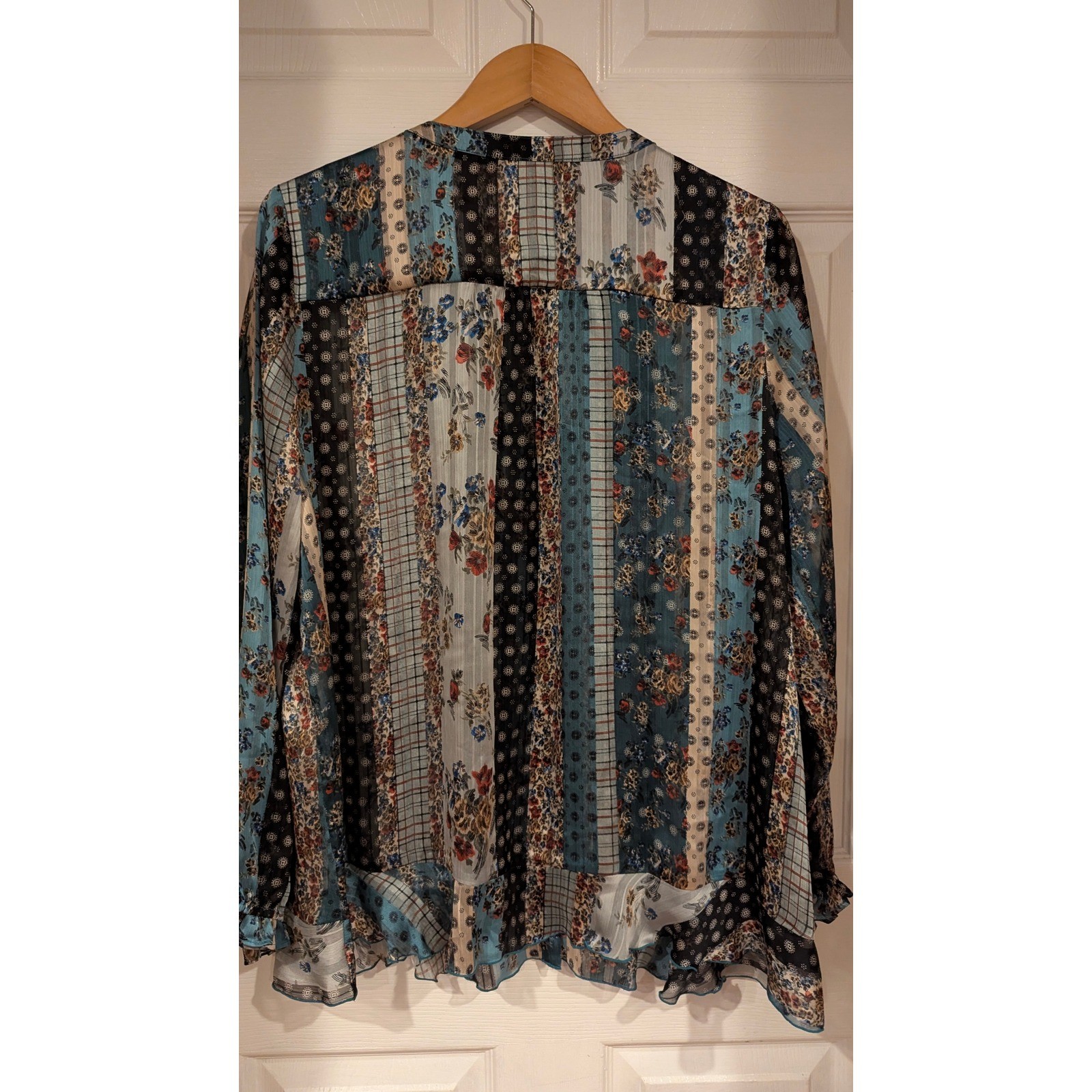 LOGO Lori Goldstein Blouse L Blue Patchwork Floral Plaid Pleated Bib Ruffle Hem