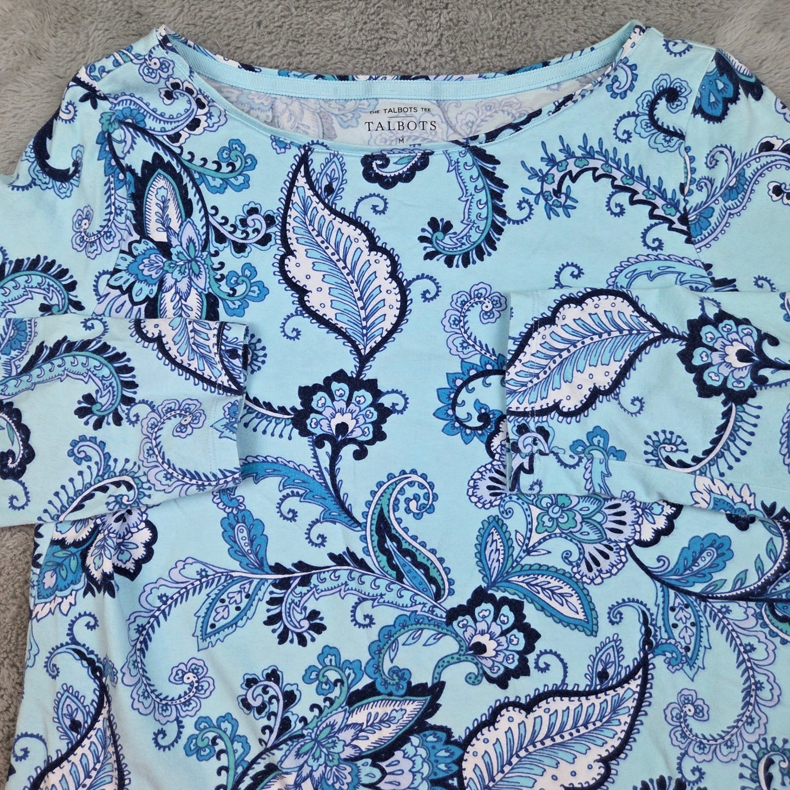 Talbots Tee Paisley Floral Top Womens M 3/4 Sleeve Boat Neck Cotton Spandex Blue
