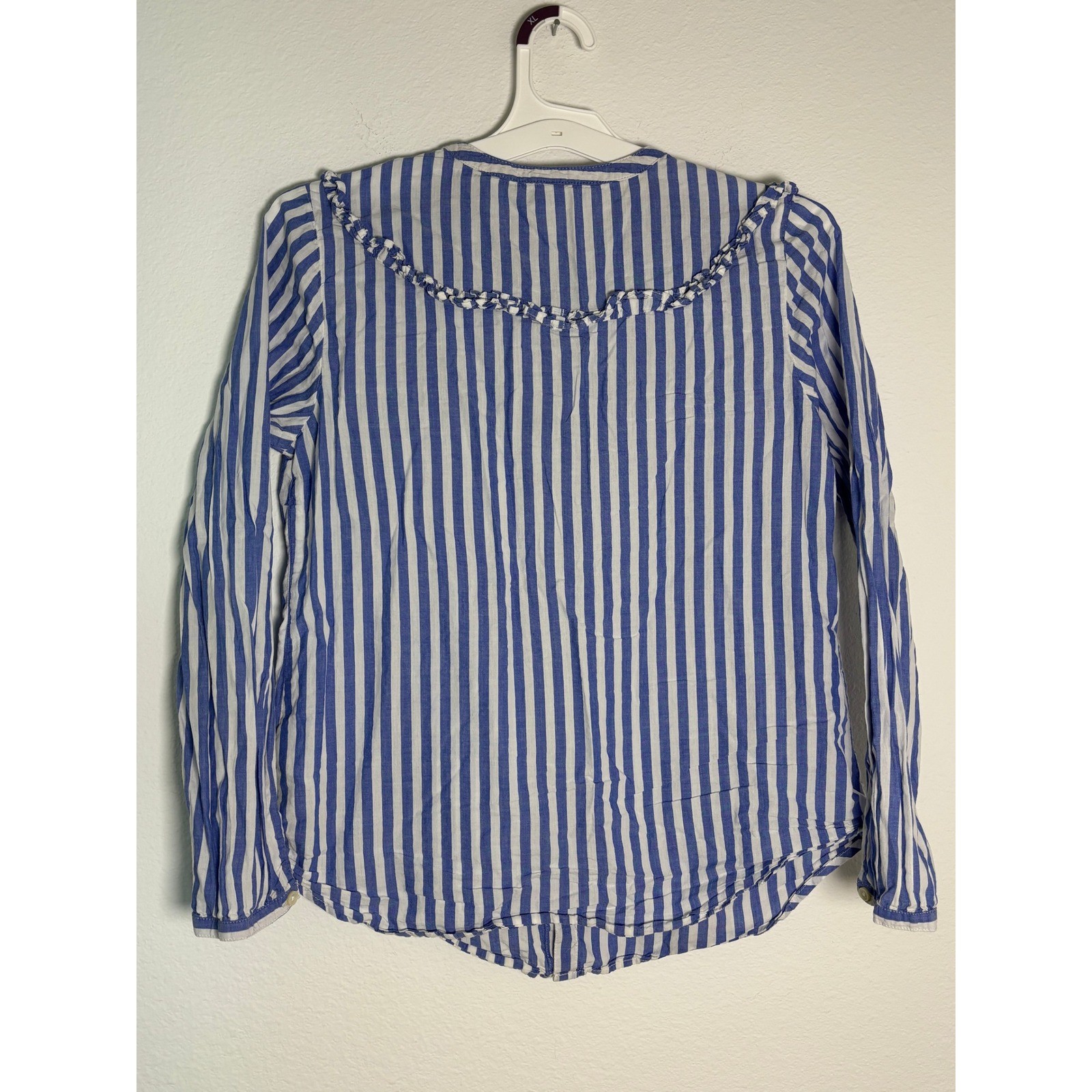 Old Navy Womens Blue White Striped Ruffle Yoke Button Front Blouse Medium