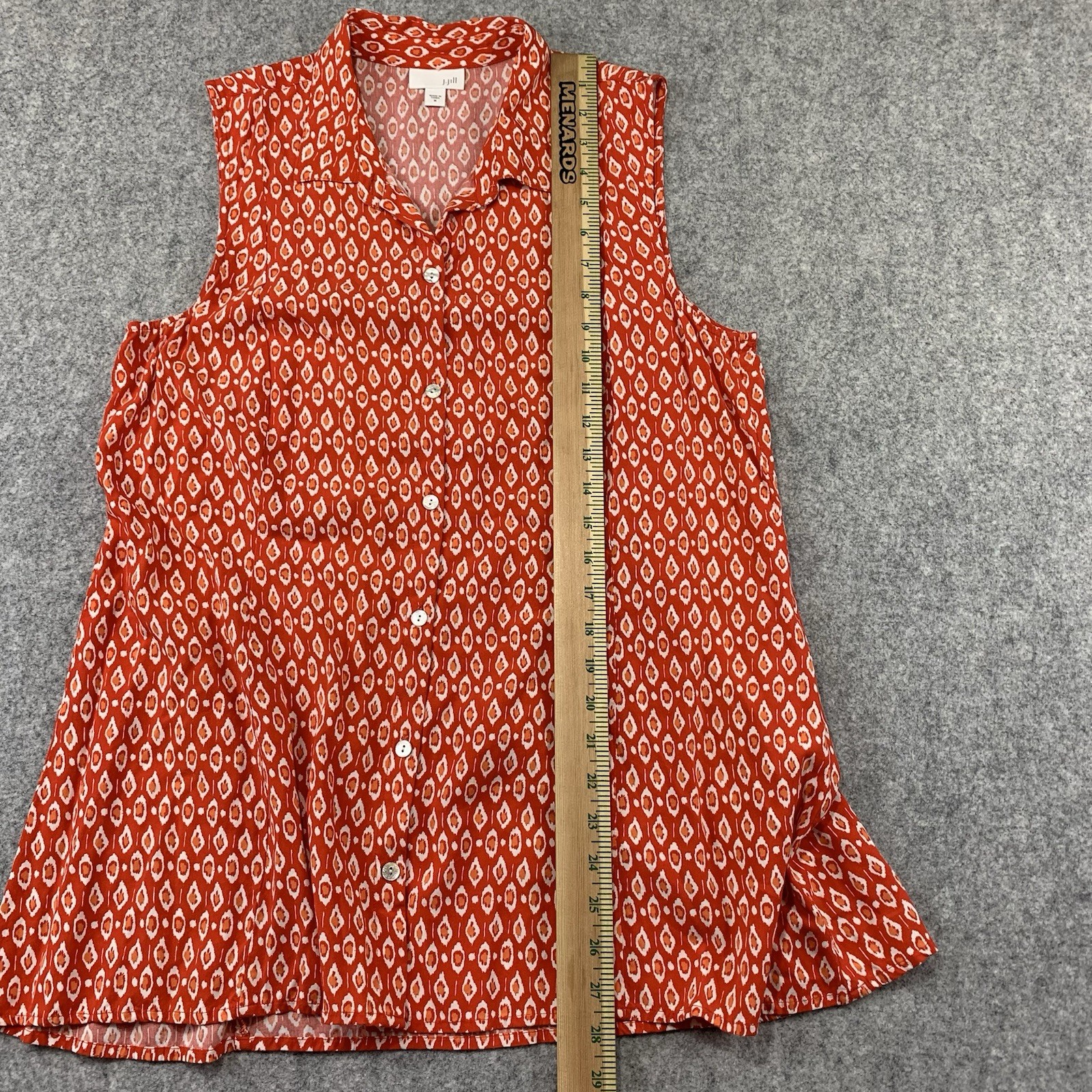 J Jill Women’s Sleeveless Tunic Size Medium Orange Ikat Print Button Front Rayon