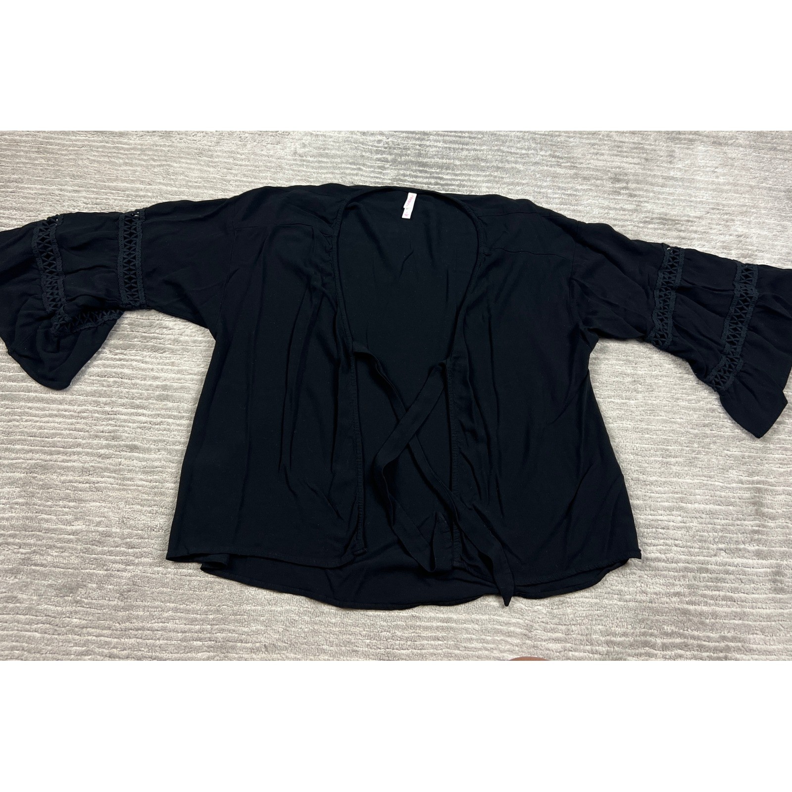 Xhilaration Wrap Top Womens L Black Bell Sleeve Crochet Lace Tie Front Cardigan