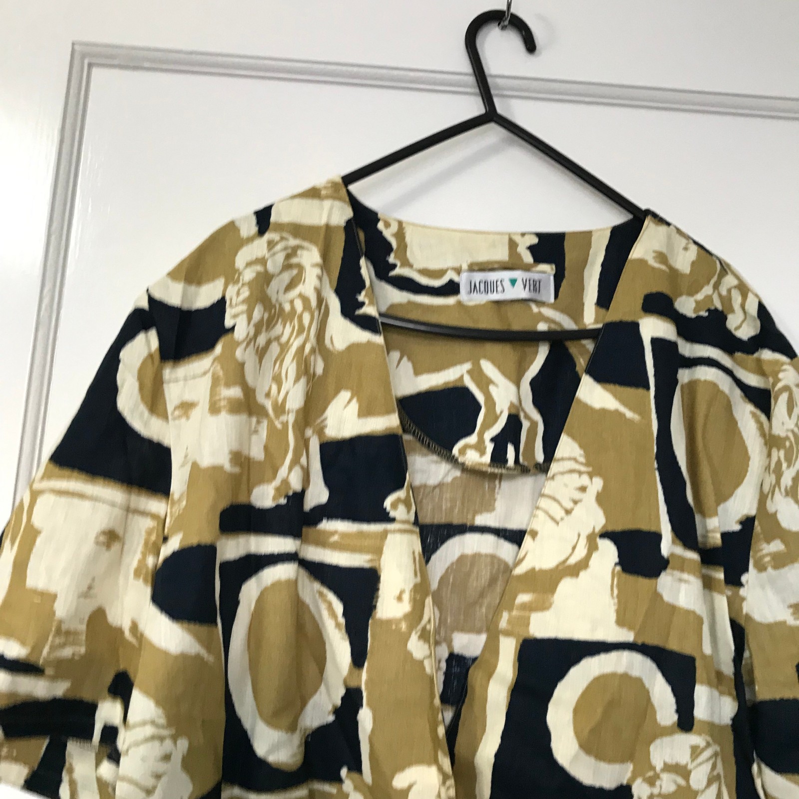 Vintage Jacques Vert Lion Print Linen Yellow Blue Blouse Size 14 Oversized