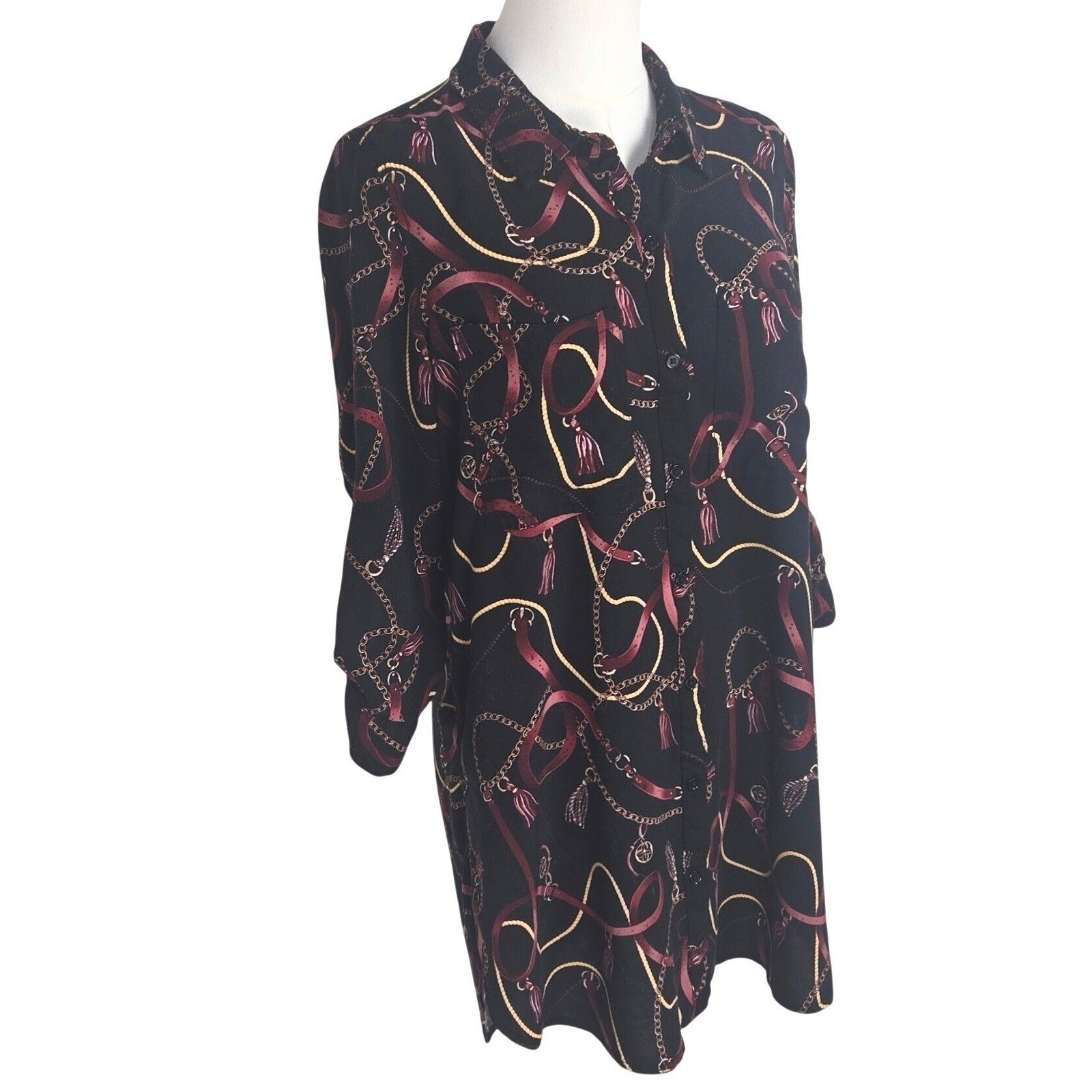 Equestrian Chain Print Tunic Dress M Black Gold Button Front Mob Wife