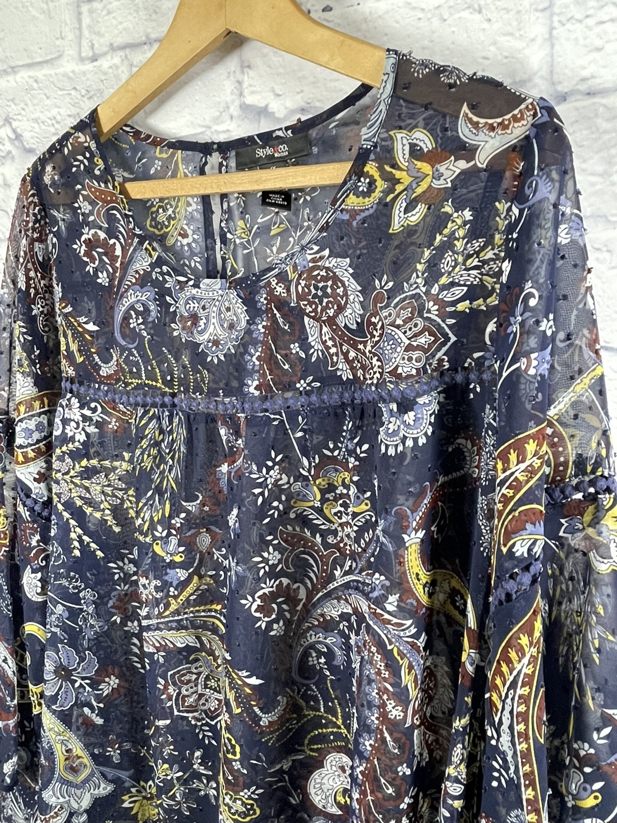 Style & Co Blue Multicolor Boho Floral Paisley Sheer Swiss Dot Blouse Women’s 1X