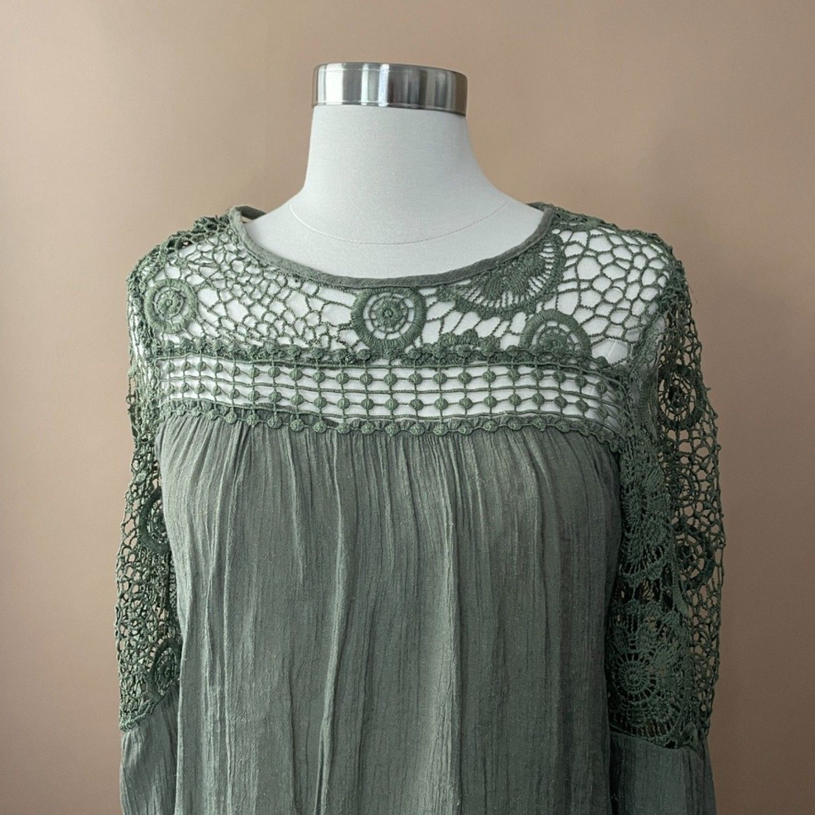 Indigo Rose Womens S Olive Green Crochet Lace Boho Tunic Blouse Top