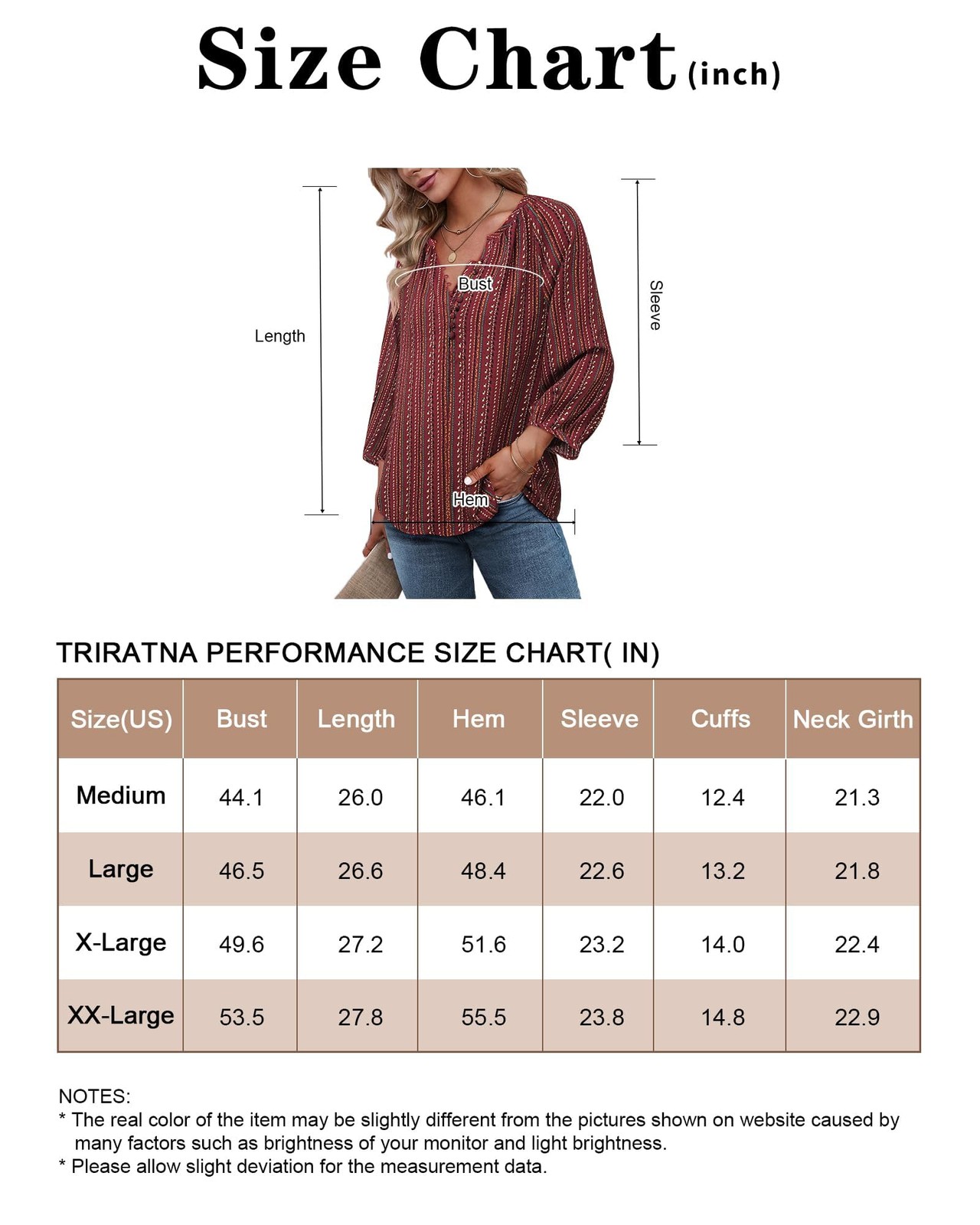Triratna Women’s Tops and Blouses 3/4 Sleeve – Dark Red, Wine Red, Size XL