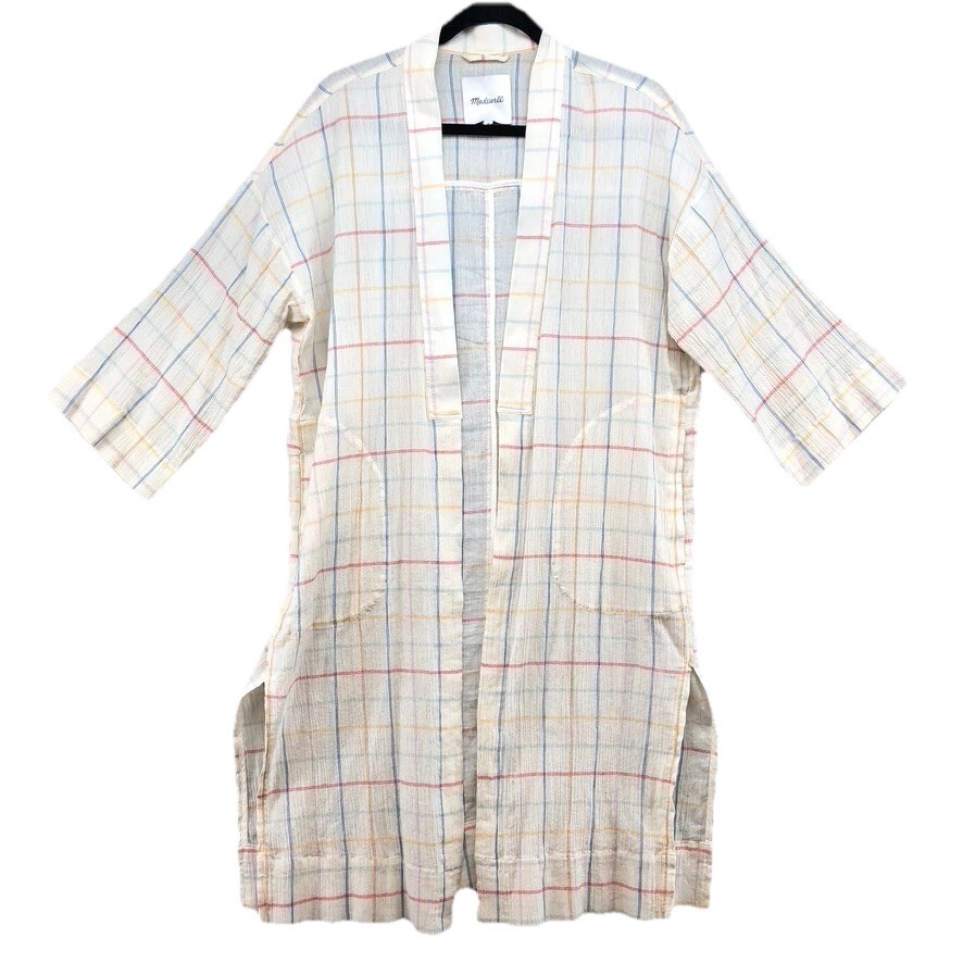 Madewell Kimono Robe Womens Small Ivory Plaid 3/4 Sleeve Oversize Mid Length