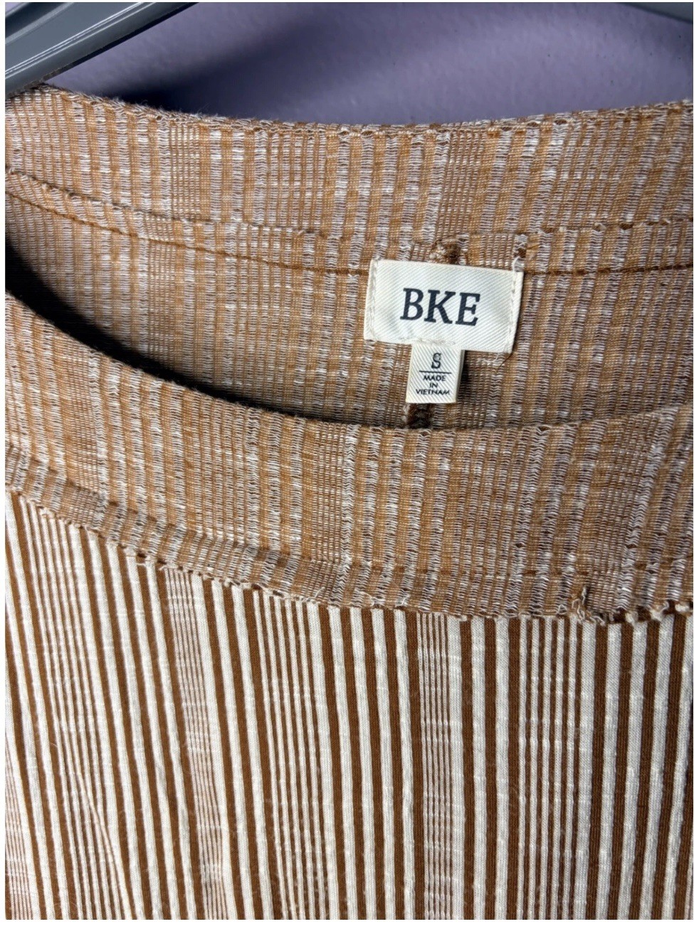 BKE Womens Brown White Striped Boat Neck Button Shoulder Top Size S Short Sleeve