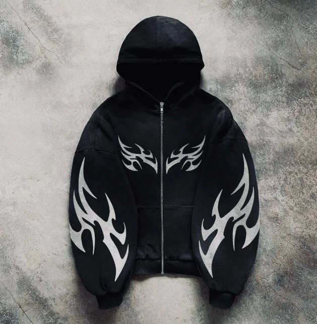Unisex Dark Grunge Graphic Zip Up Hoodie Y2K Hip Hop Sweatshirt Coat