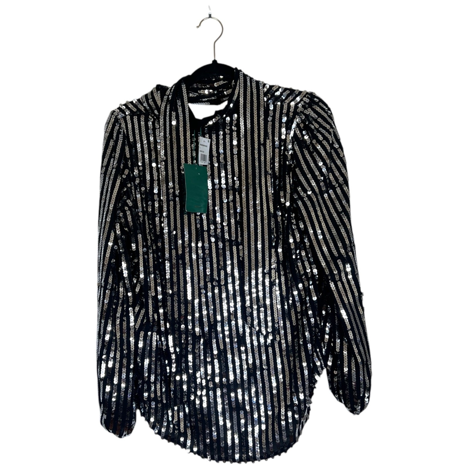 NWT RIXO Moss Black Silver Sequin Stripe Neck Tie Top Size Small Party Holiday