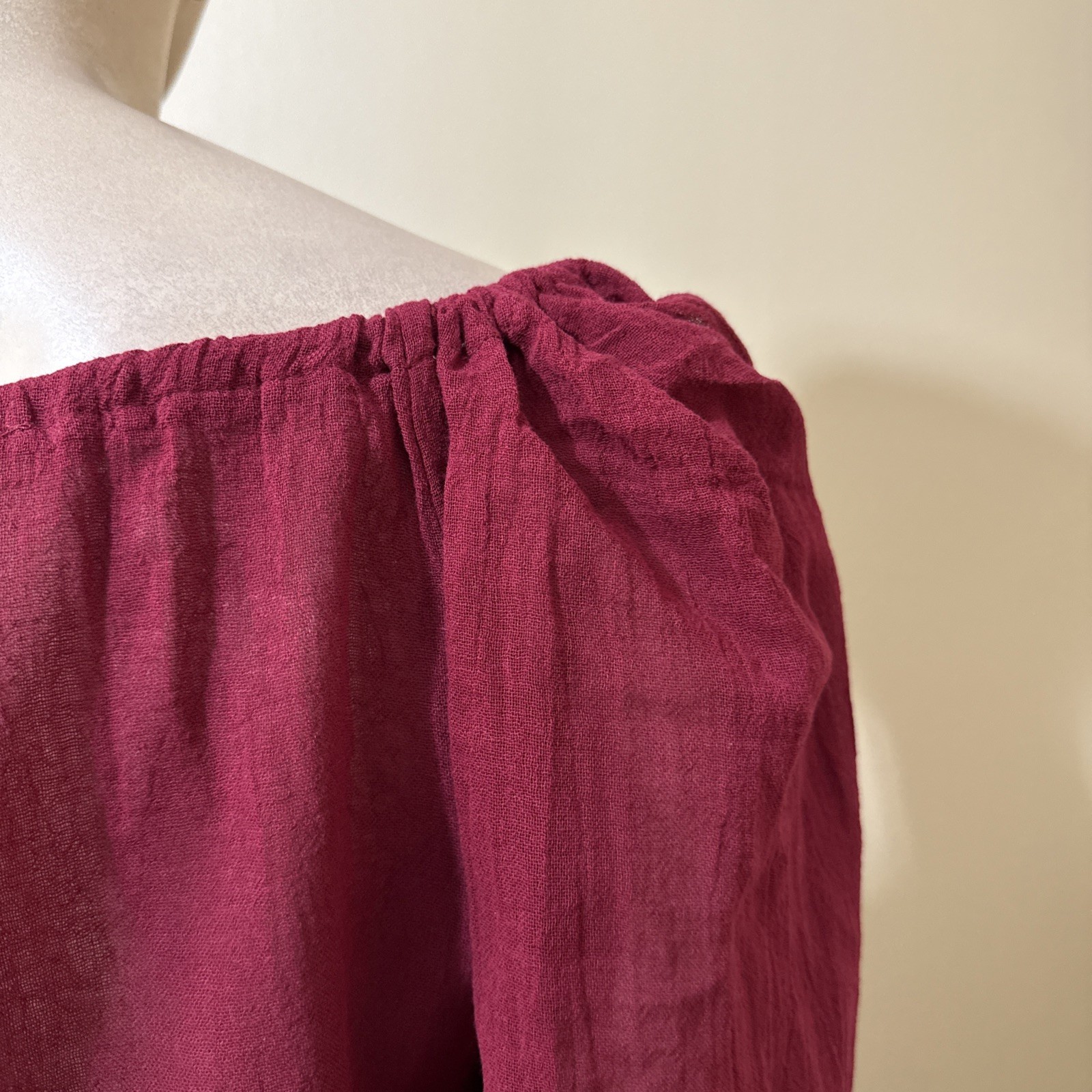 Women’s Burgundy Cotton Casual Boho Lace Long Sleeve Slit Tied Size S Blouse Top