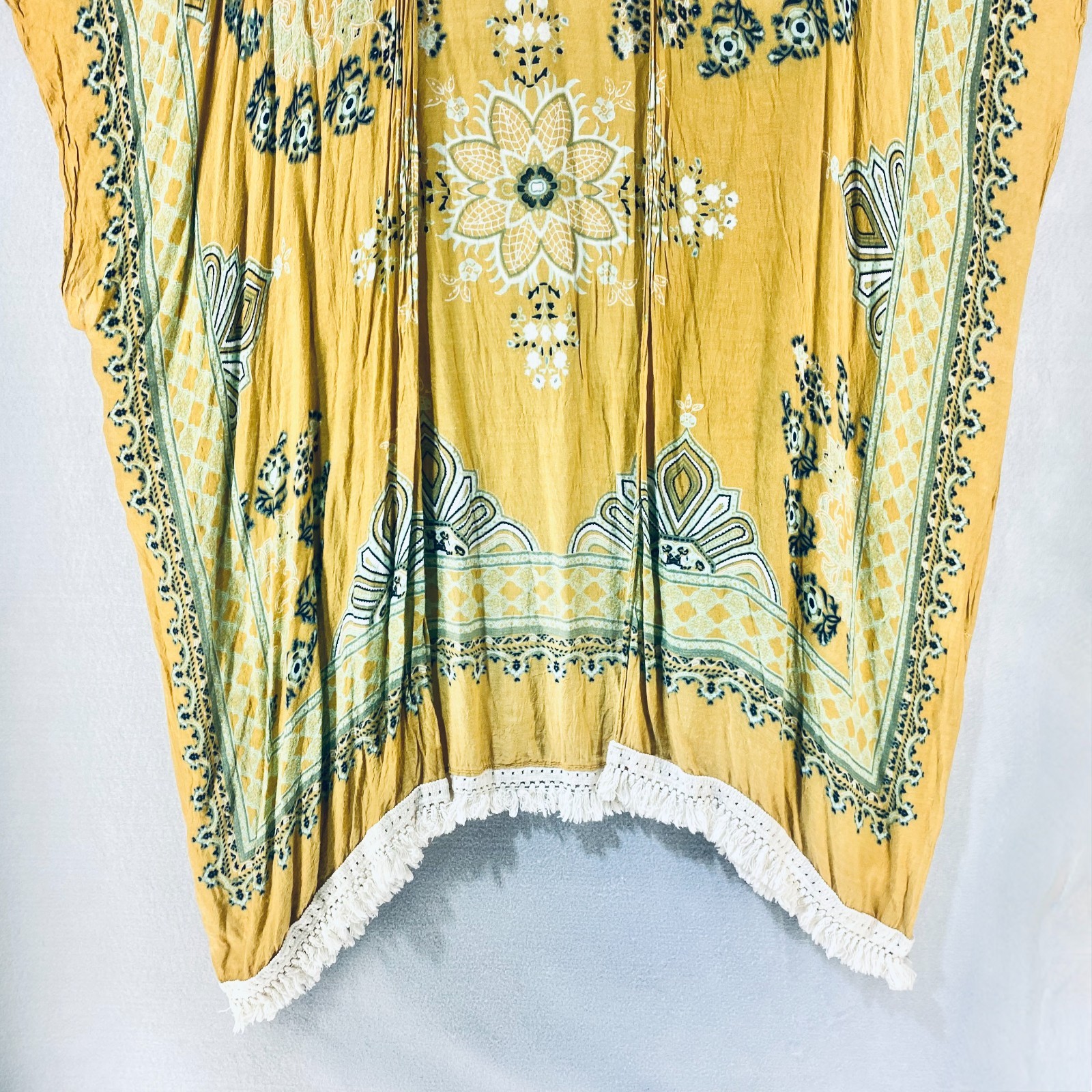 Derek Heart Top Womens OS Mustard Yellow Floral Kimono Fringe Boho