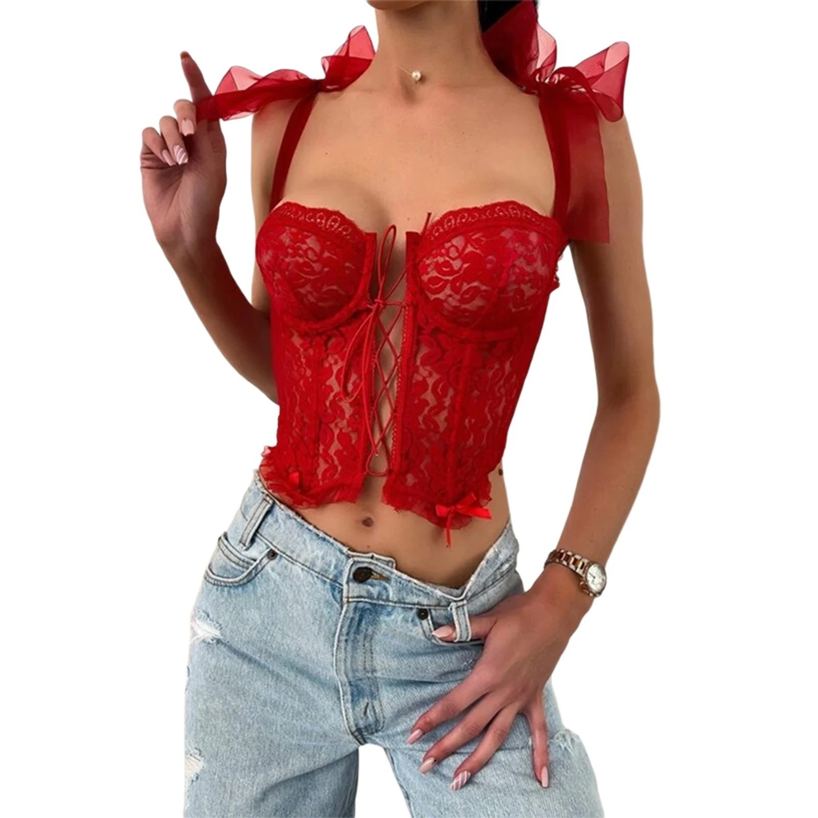 Women’s Lace Corset Bustier Crop Top See Through Mesh V Neck Y2K Aesthetic Cami