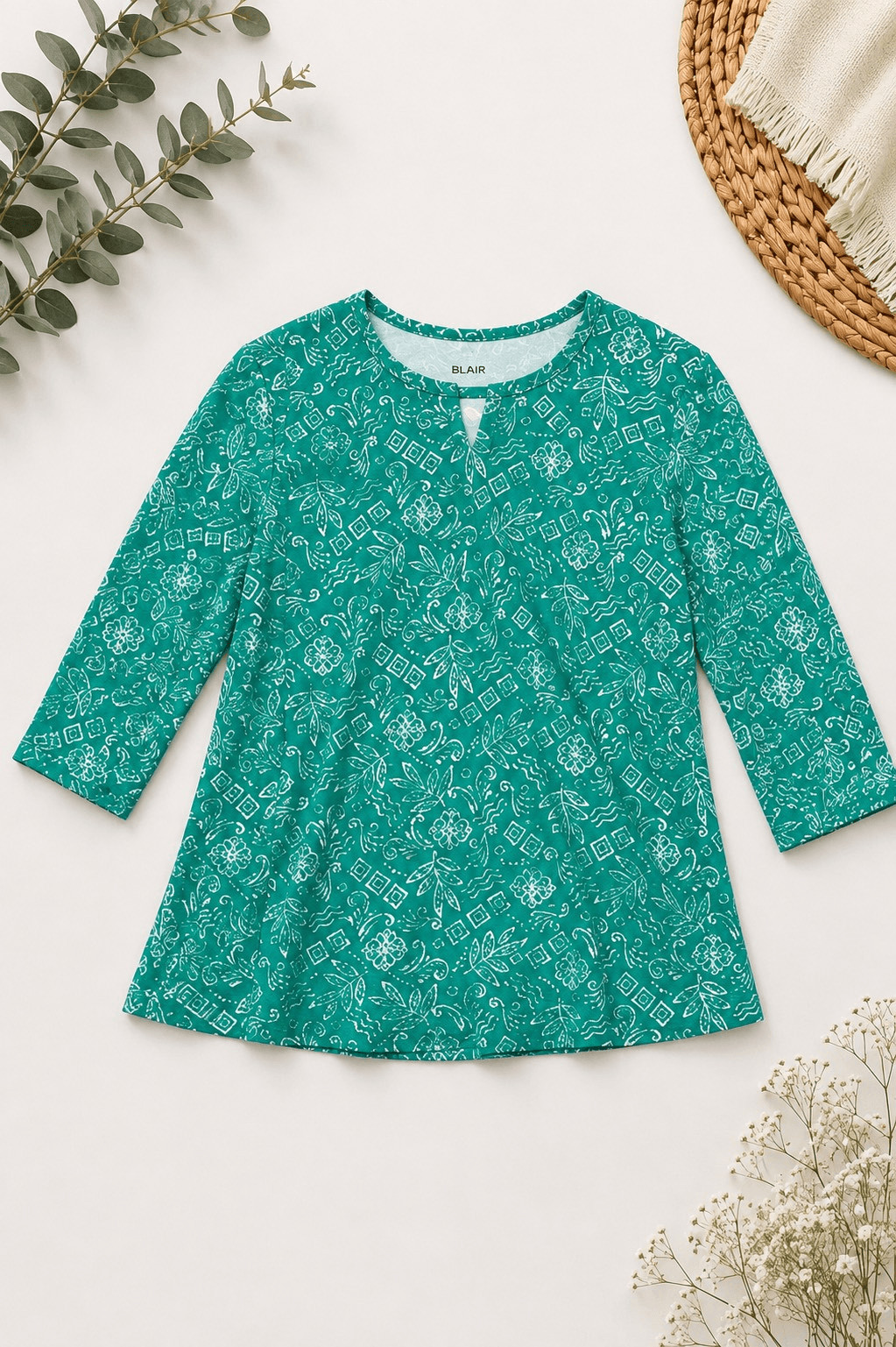 Blair Women’s Large Green White Print 3/4 Sleeve Tunic Top Casual Blouse