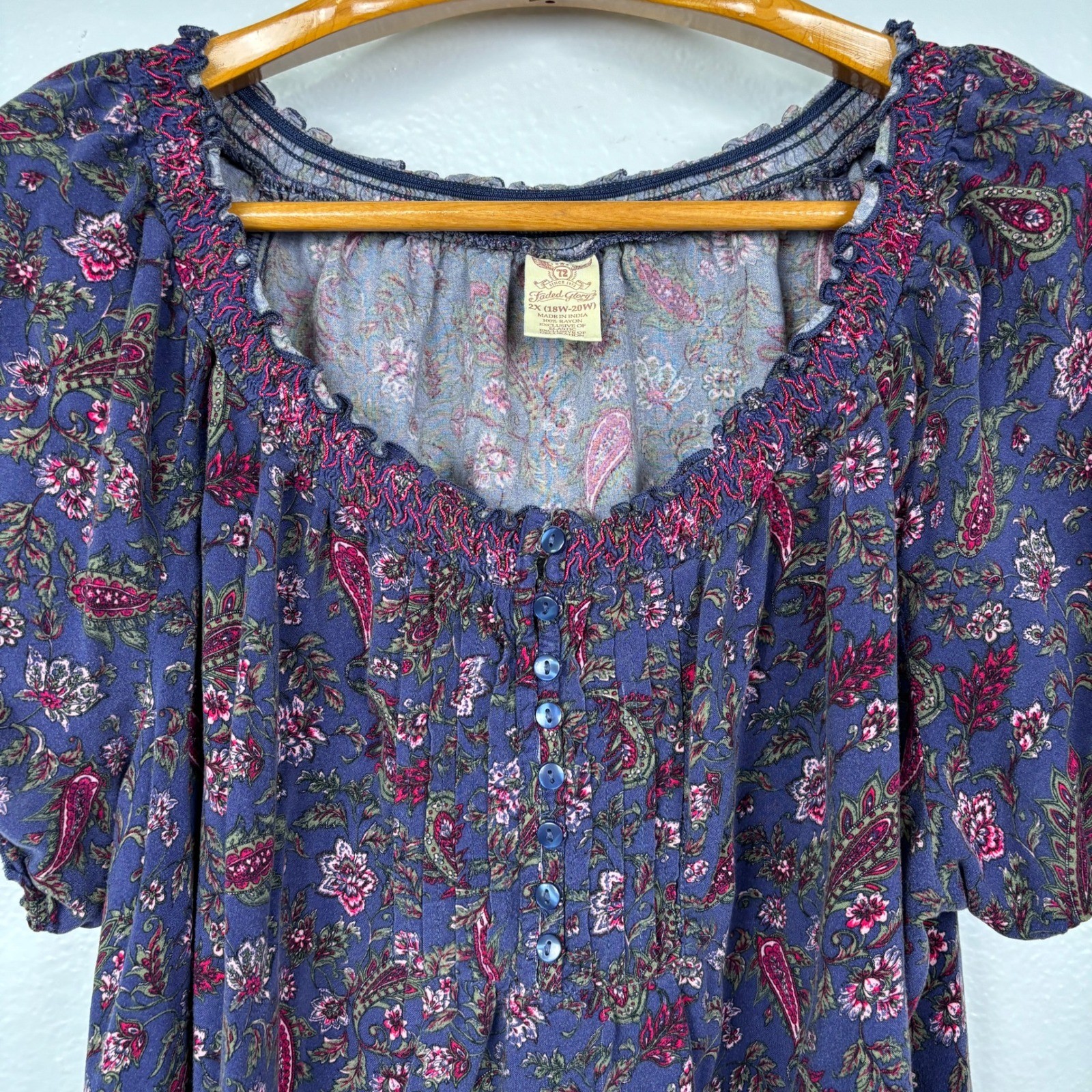 Faded Glory 2X Paisley Floral Peasant Top Peri Night Blue Boho Cottagecore Rayon
