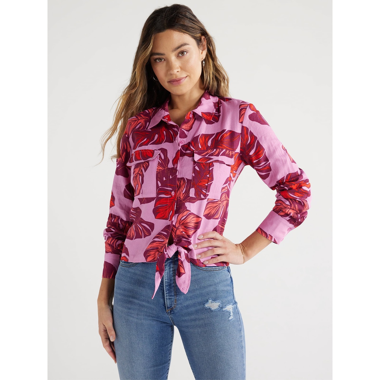 Sofia Jeans Women’ Linen Blend Tie Front Top with Cargo Pocket Size L –U5–