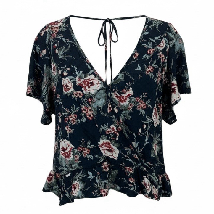 Band of Gypsies Ruffle Wrap Top Teal Blush Floral Woven Crepe Surplice V Neck