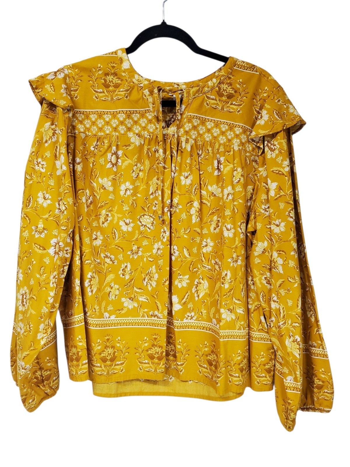 TIME & TRU Peasant Mustard Yellow Floral Fall Blouse XXL Boho Ruffle Cottagecore