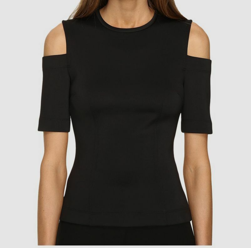 NEW $425 Yigal Azrouel Women Black Cold-Shoulder Sleeve Scuba Blouse Top Size 10