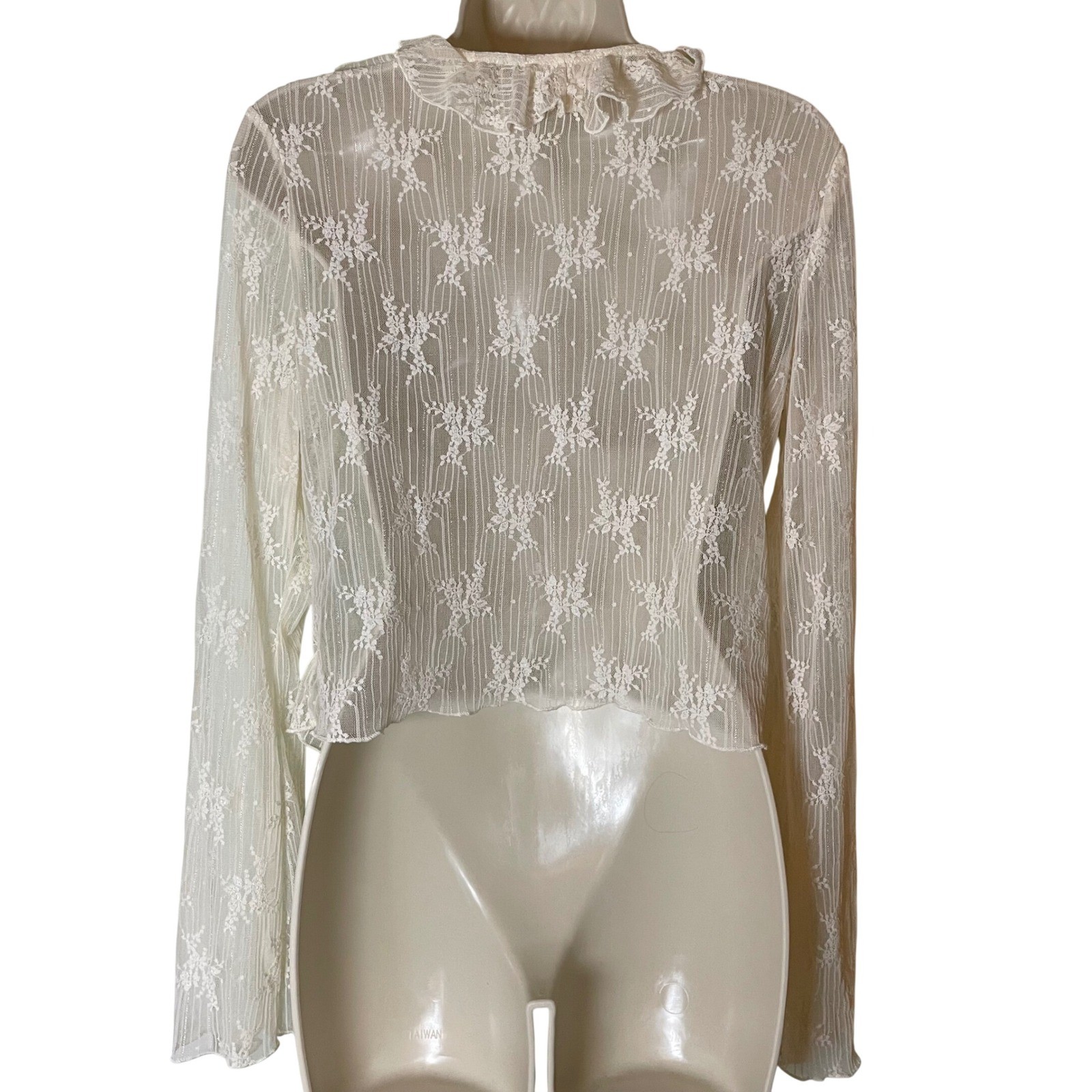 Thirty Thirty LA Lace Ruffle Front Bell Sleeve Cardigan Large Floral Coquette