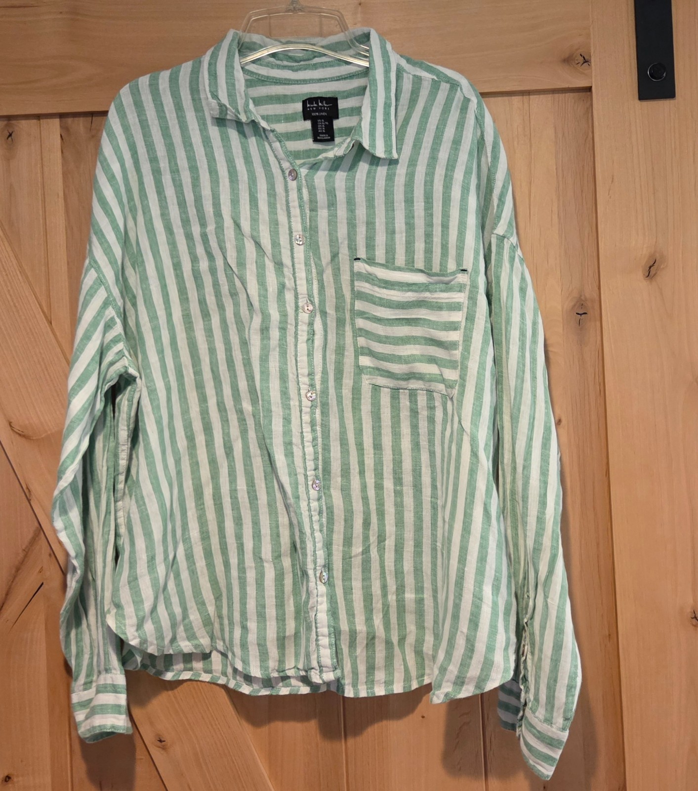 Nicole Miller Size XL 100% Linen Striped Button Down Shirt Green White Pocket