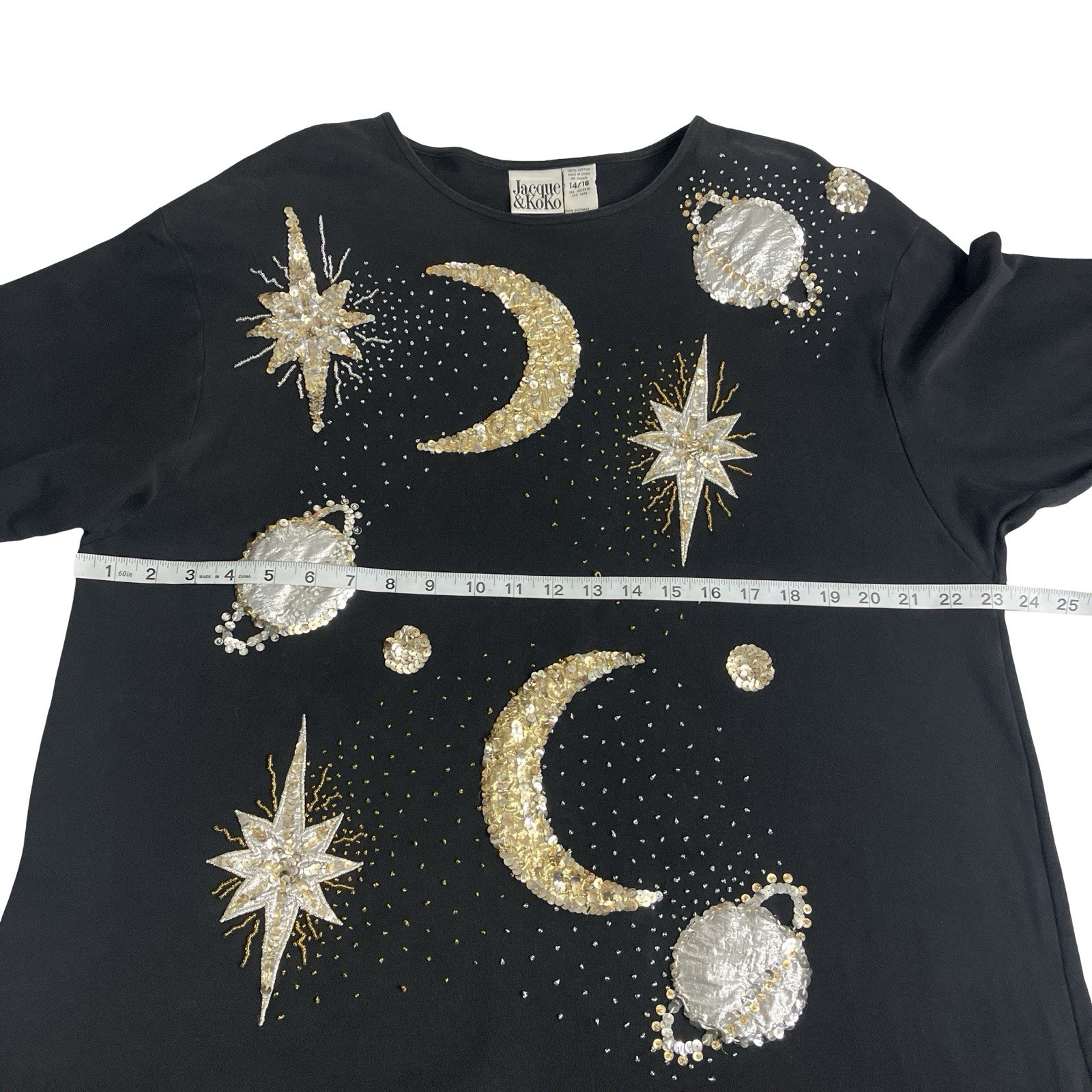 Vintage Jacque & Koko Moon Stars Space Top Women 14/16 Black Sequin Beaded Shirt