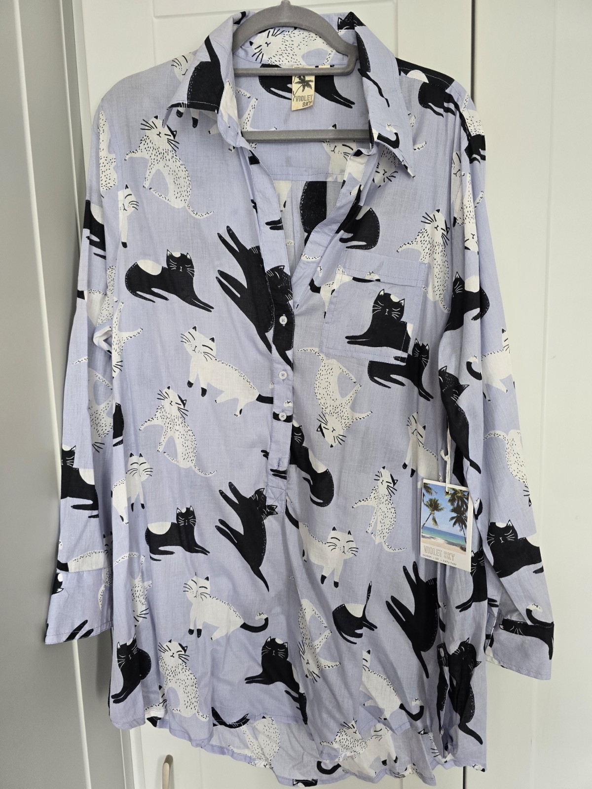 Violet Sky – Blue Oversized Long Cat Print Shirt – L BNWT