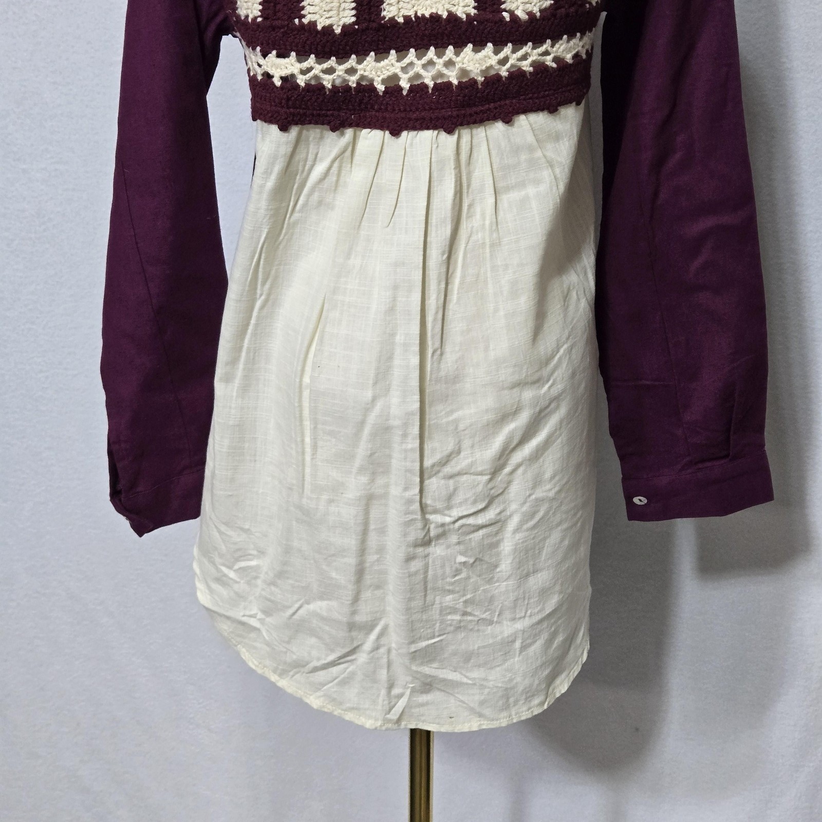 Oddi Shirt Womens Small Purple Colorblock Crochet Back Button Front Tunic Top