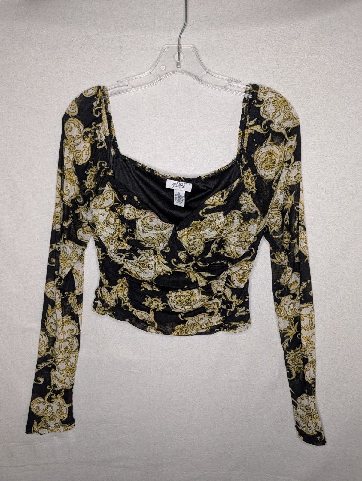 Just Polly New York Black and Gold Baroque Print Mesh Long Sleeve Bustier Top