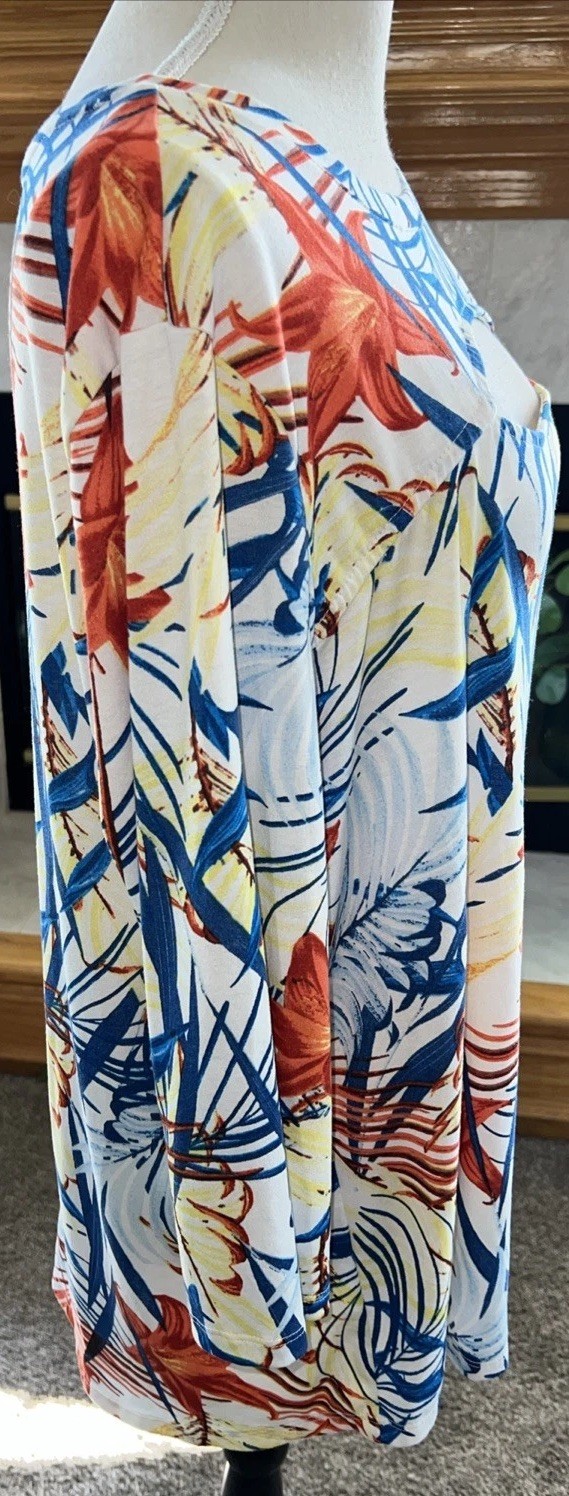 Palm Grove 1X Multi Color Tropical Print Pullover Top 3/4 Slvs 95% Rayon