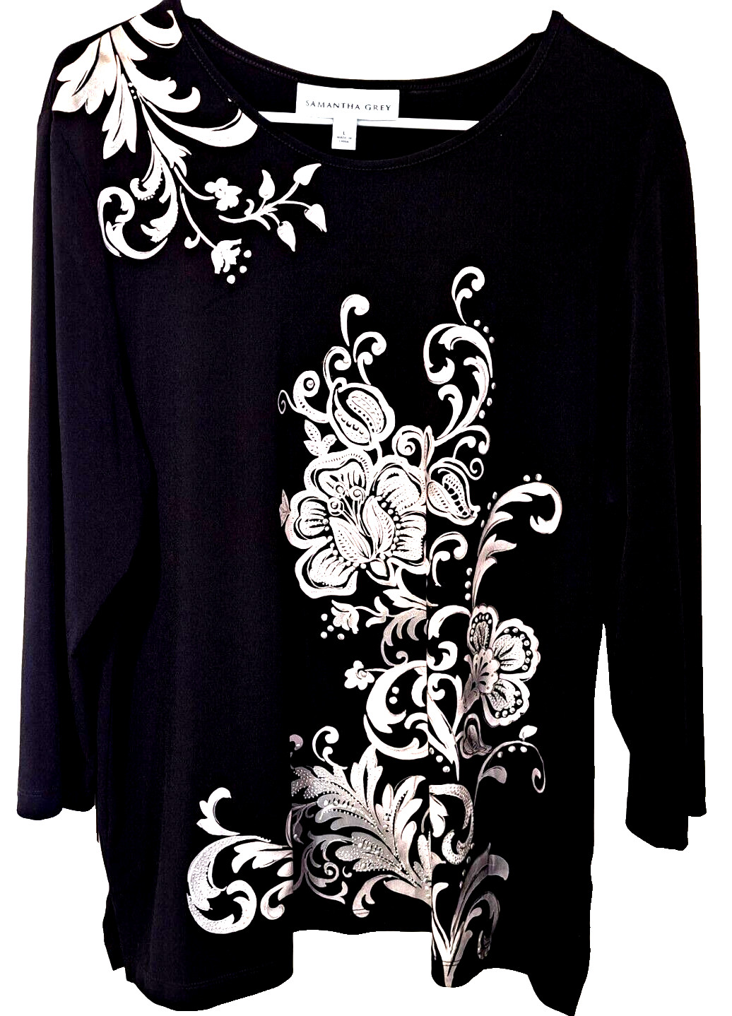 Samantha Grey L Black/Gray 3/4 Sleeve Slinky Scoop Neck Tunic