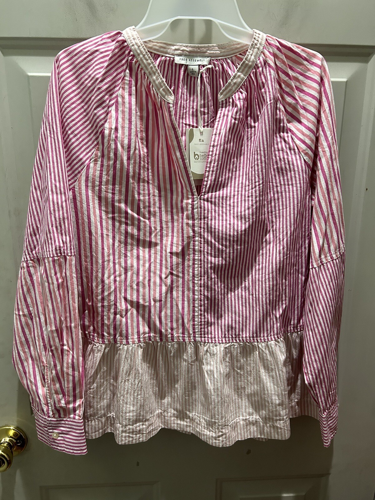 New!Free Assembly Long Sleeve Peplum Fuchsia Striped Top. Great Any Occasion Top