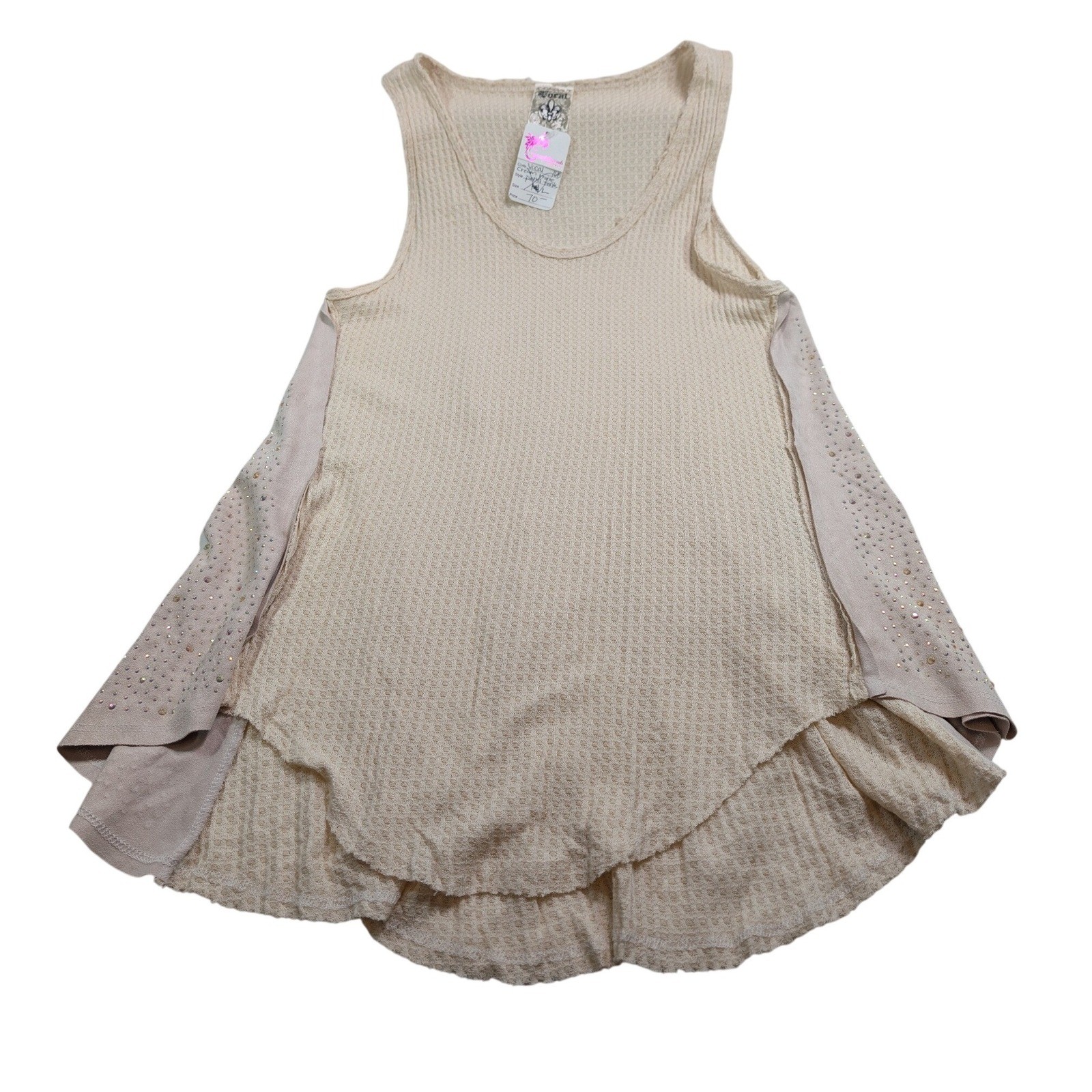 Vocal Womens Rhinestone Waffle Knit Panel Tank L Cream