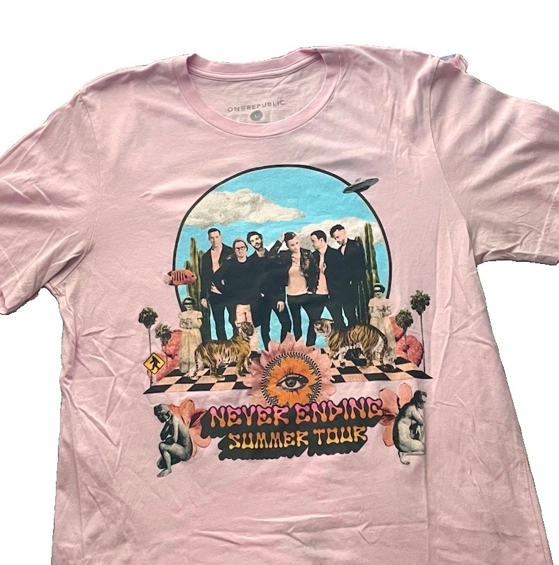 OneRepublic Pink Graphic Band Concert T Shirt Sz L Never Ending Summer Tour 2022