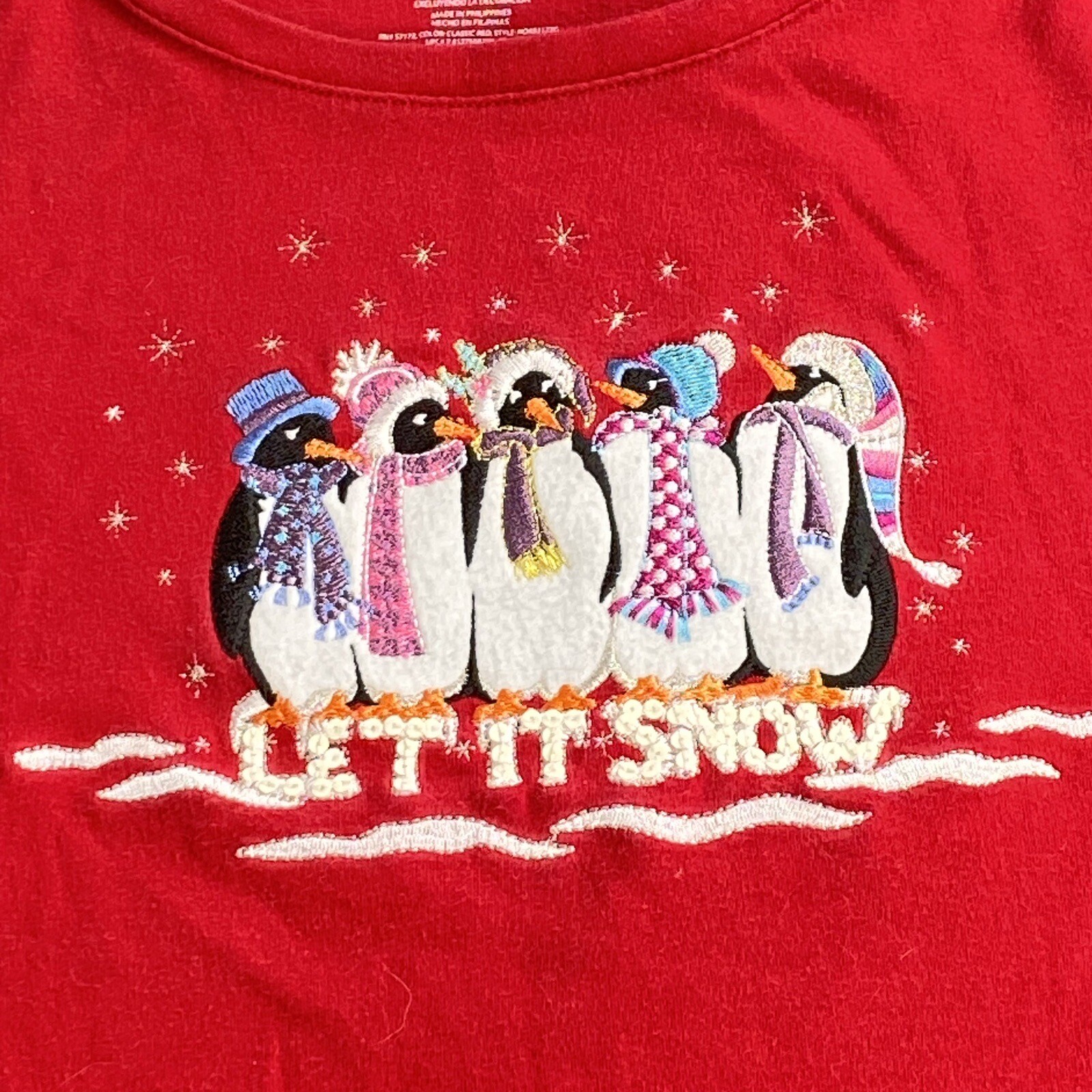 Christmas Let It Snow Penguin Top Women M Red Embroidered Sequin Holiday Winter