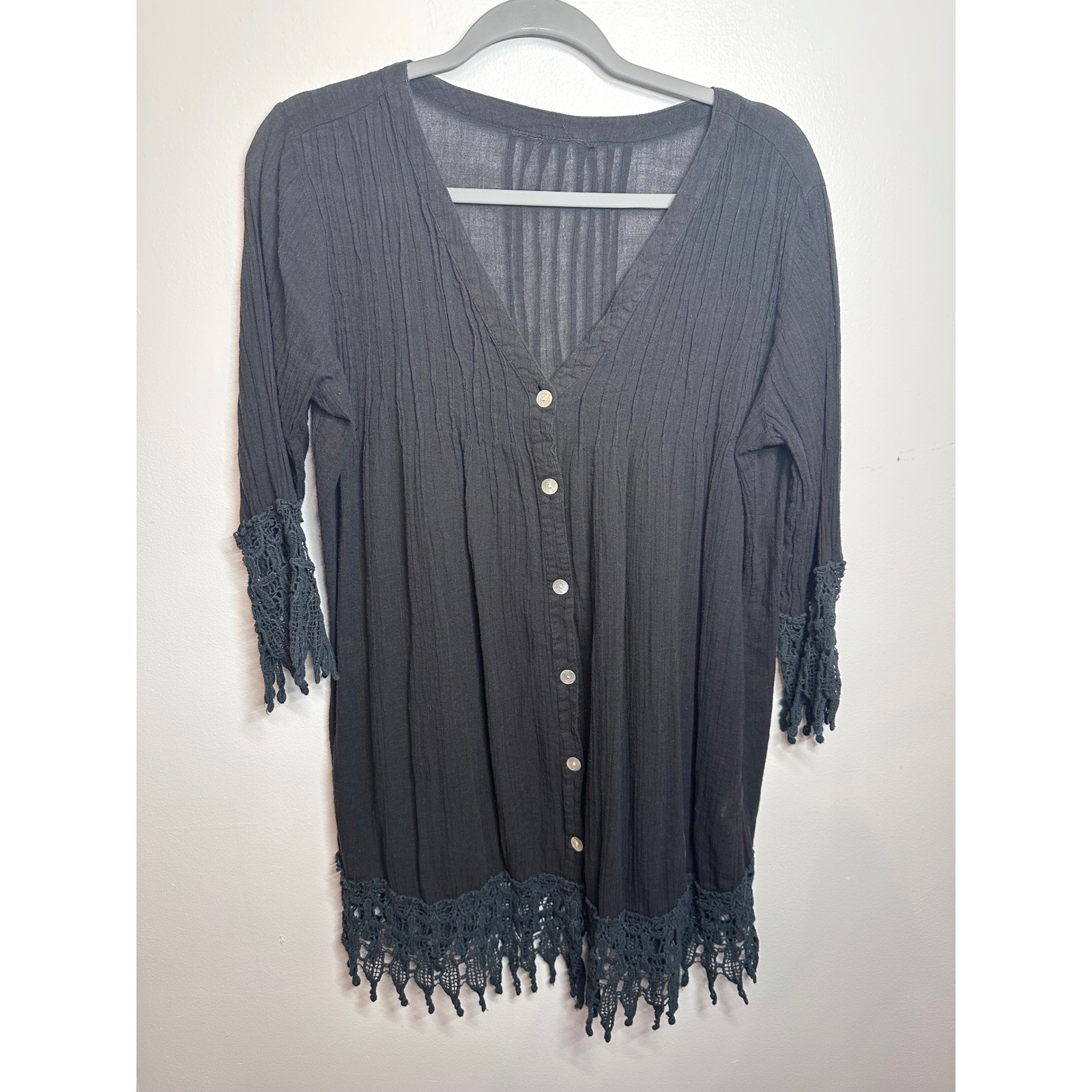 Club Z Collection Black Cotton Gauze Lace Fringe Tunic Boho Button Up Cover-Up