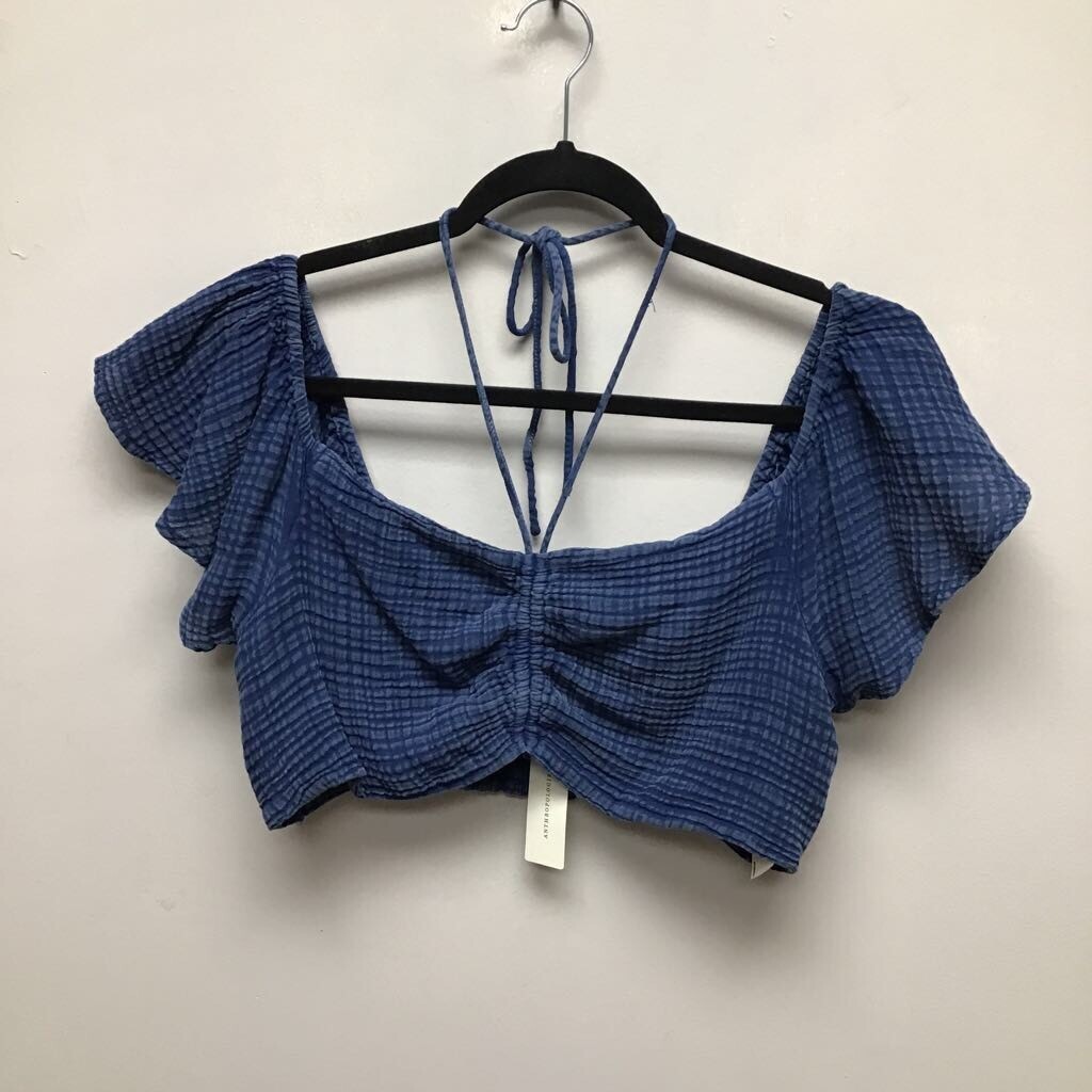 Daily Practice Womens Crop Top Blue Cap Sleeve Square Neck Smocked Tie XL New