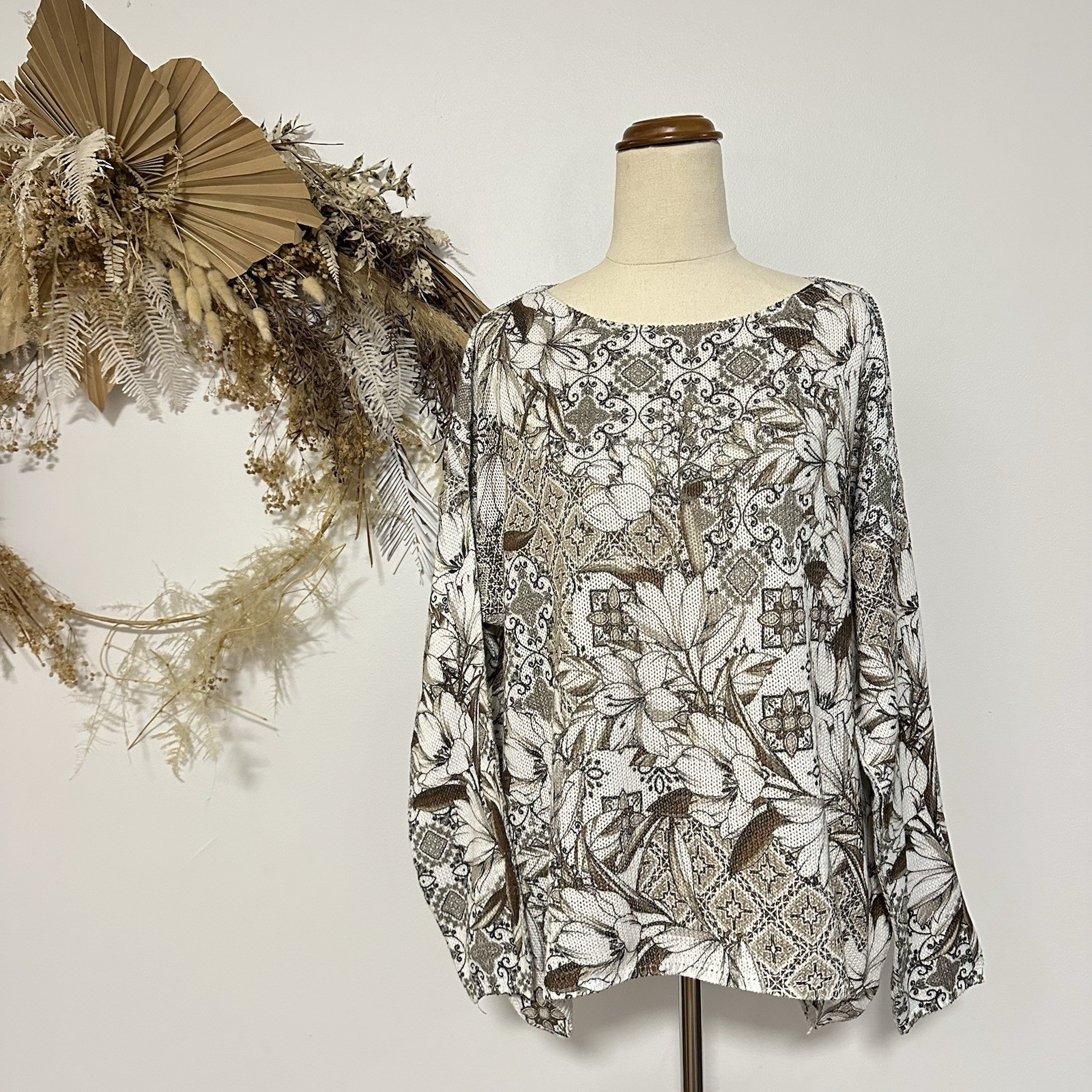 Made In Italy Imagine Knit Long Sleeve Top Floral Pattern Cotton One Size Boho