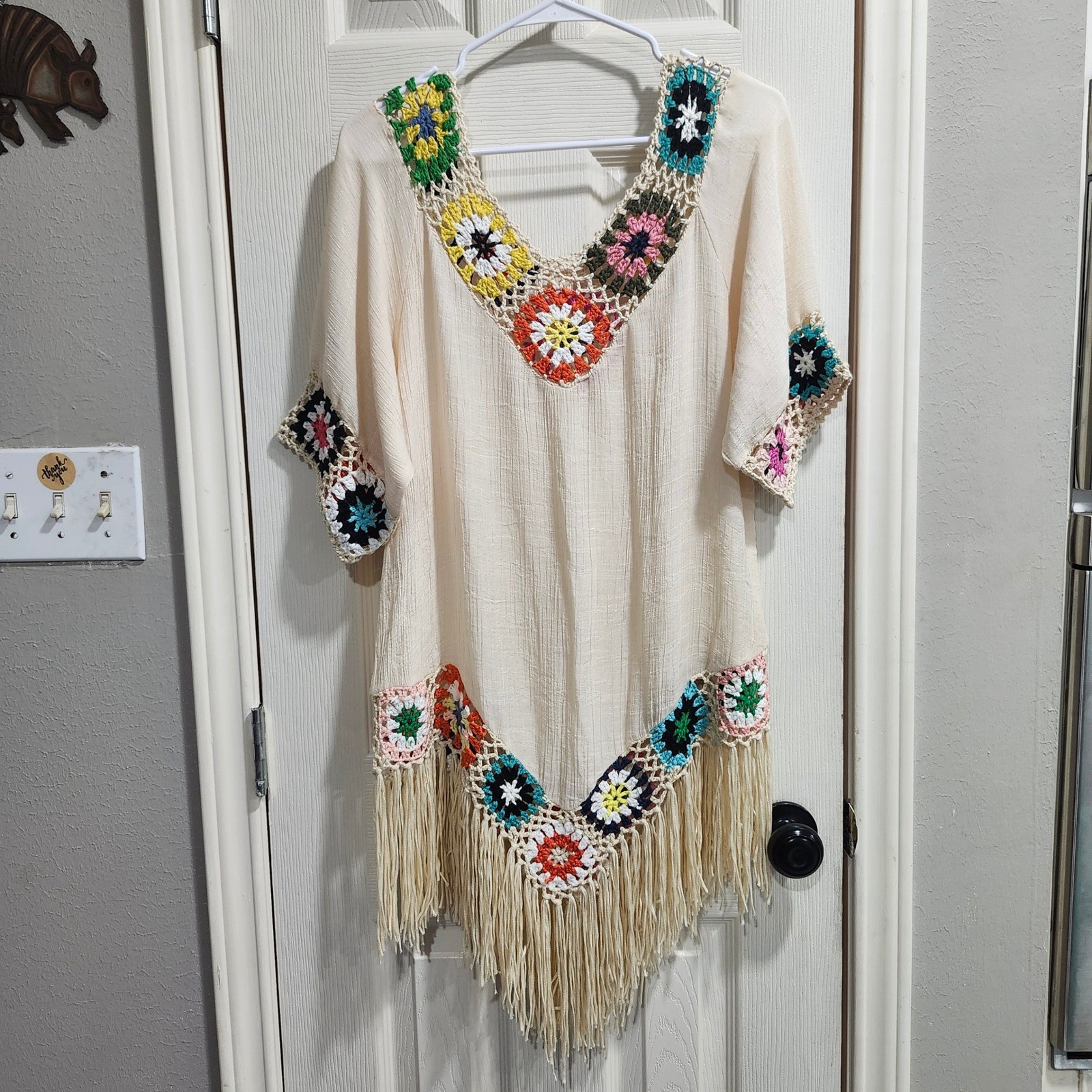 Boho Crochet Granny Square Fringe Tunic Top Cream Festival Beach Coverup