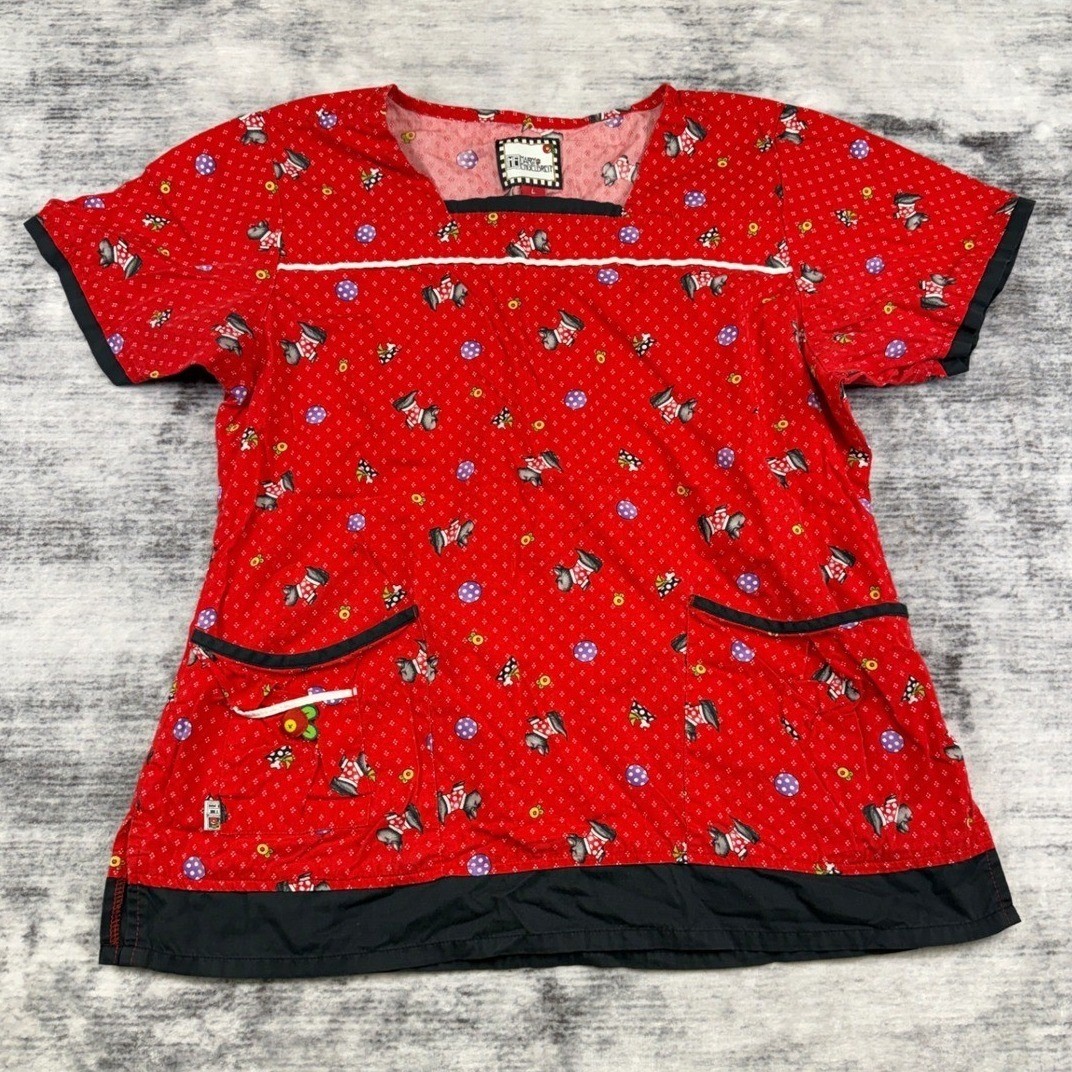 Mary Engelbreit Scottie Dog Scrub Top Red Cotton Square Neck Pockets M3047 L