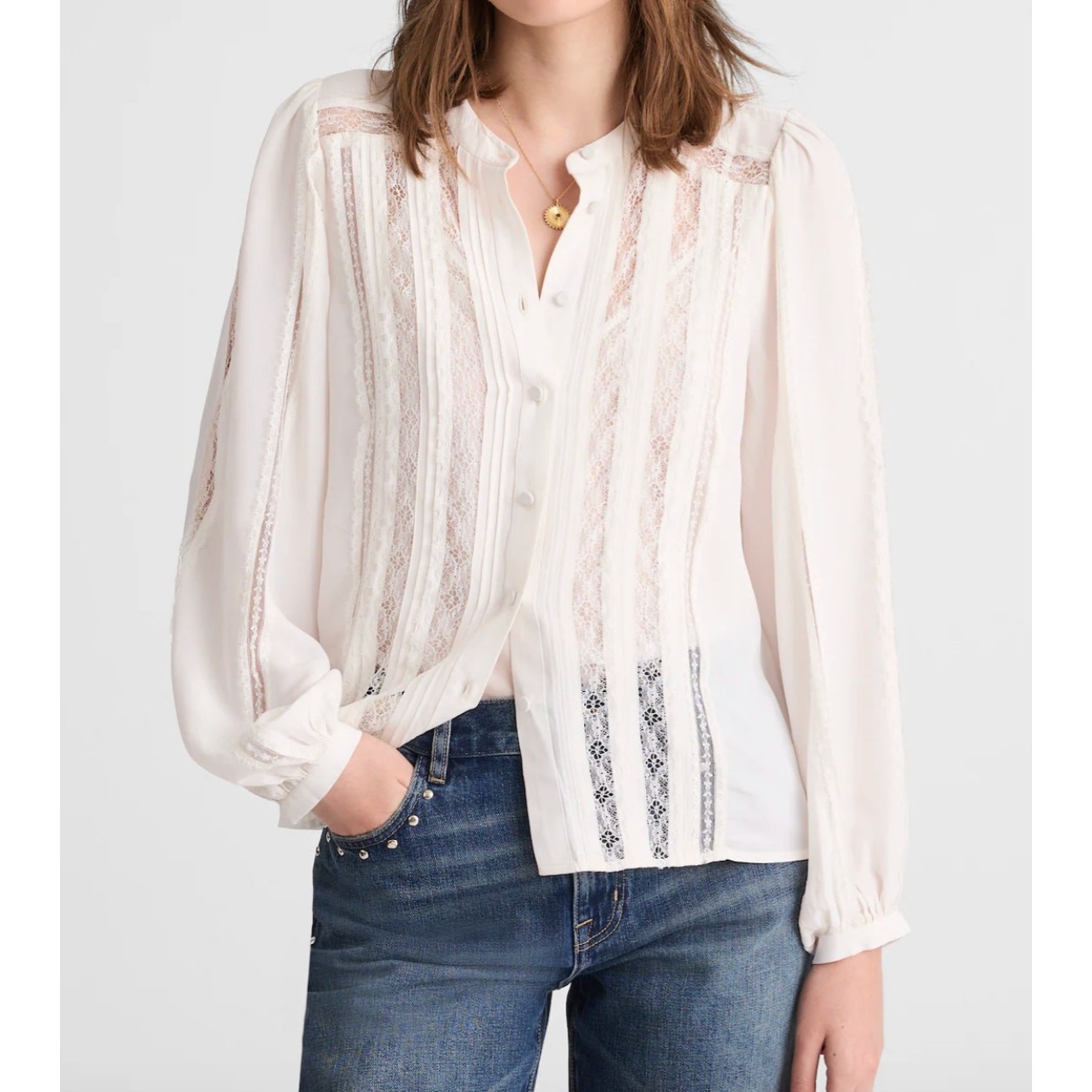 Madewell | NWT Lace Insert Button Up Top Winter White | Sz L