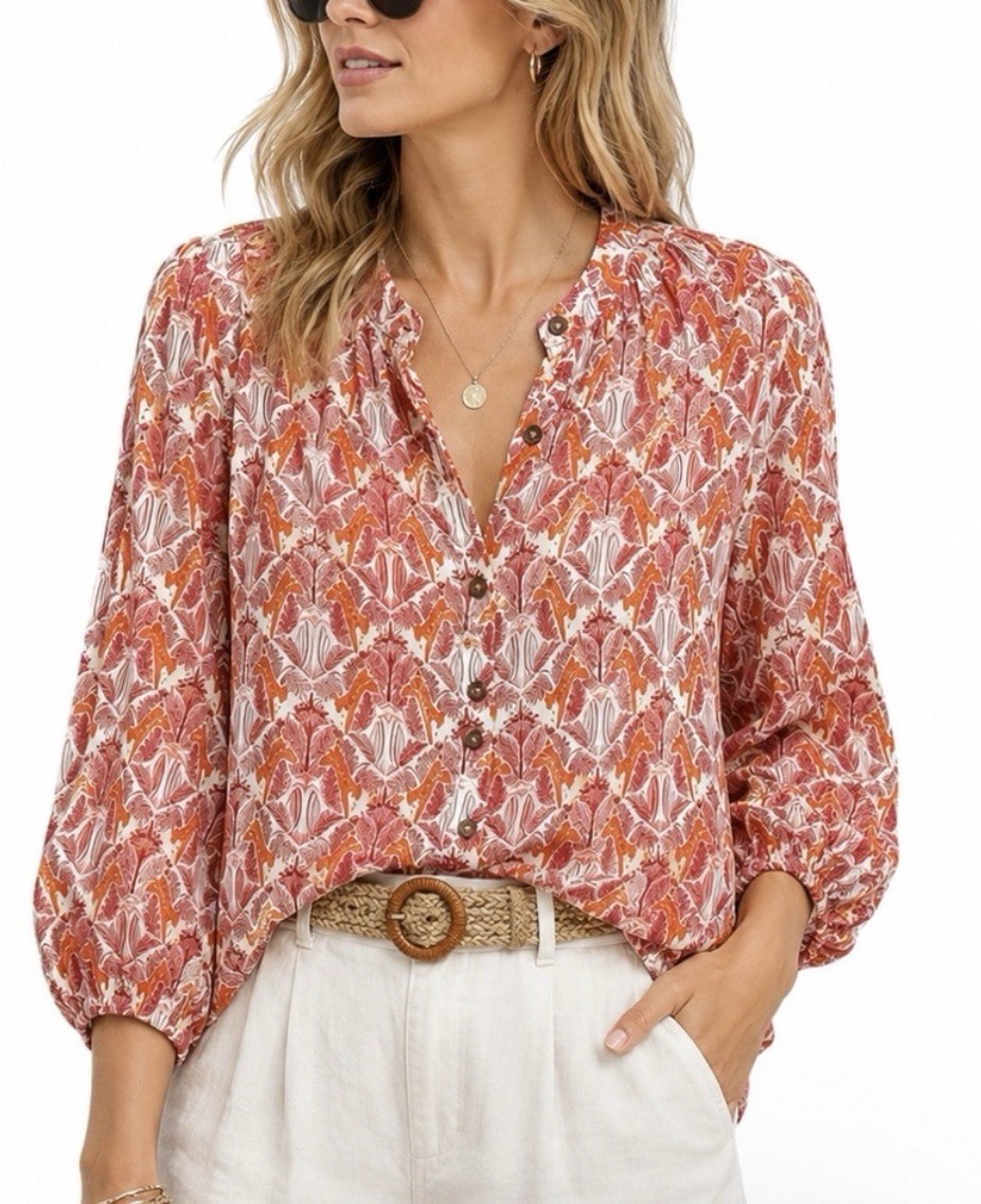 Maeve by Anthropologie Red Tiger Animal Print Collared 3/4 Tunic Blouse 20W