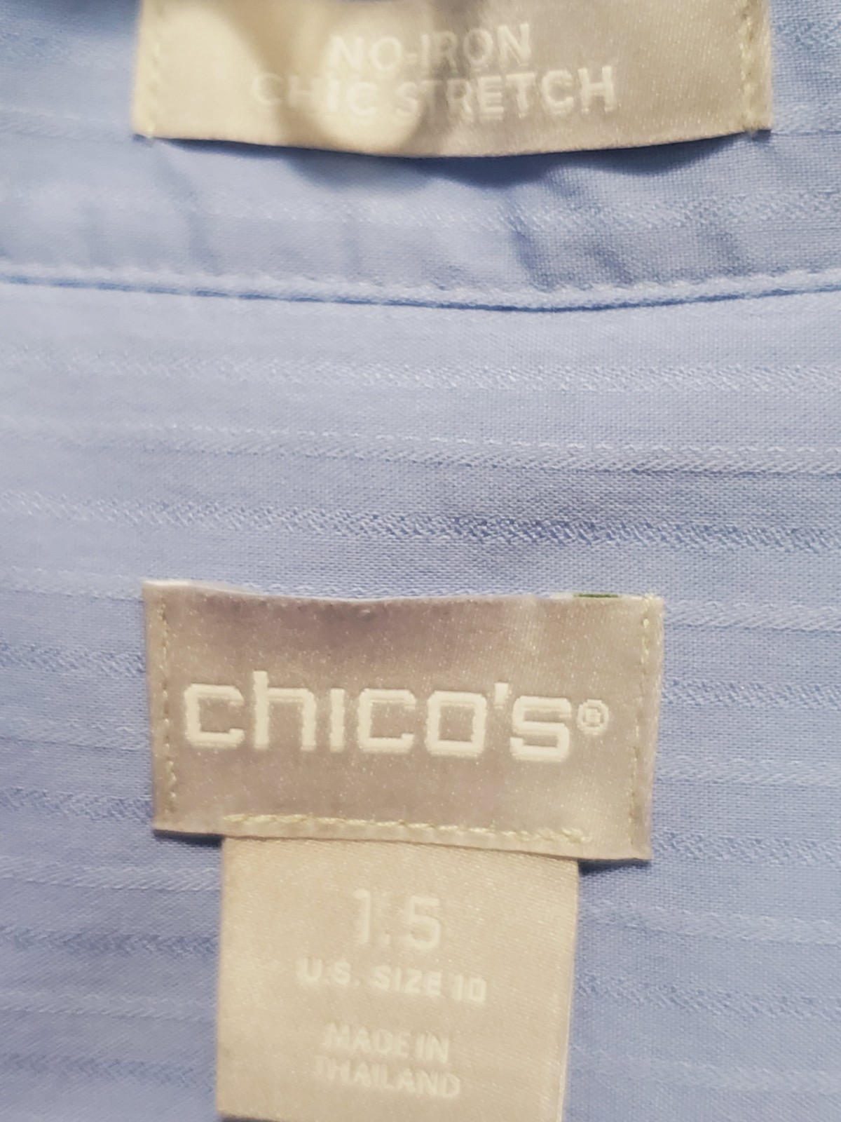 Chico’s No-Iron Chic Stretch Blue Half Placket Striped Smocked Cuff Tunic 1.5 10